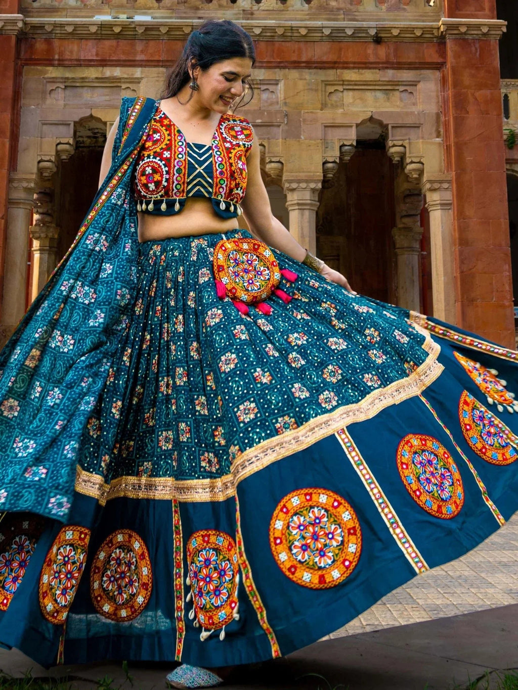 Teal blue rayon printed Gamthi patch work lehenga choli with purse