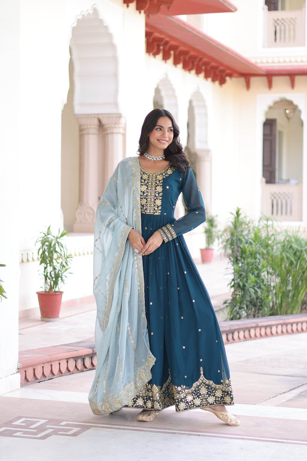 Vireen teal blue faux georgette gown with zari sequins embroidery and dupatta