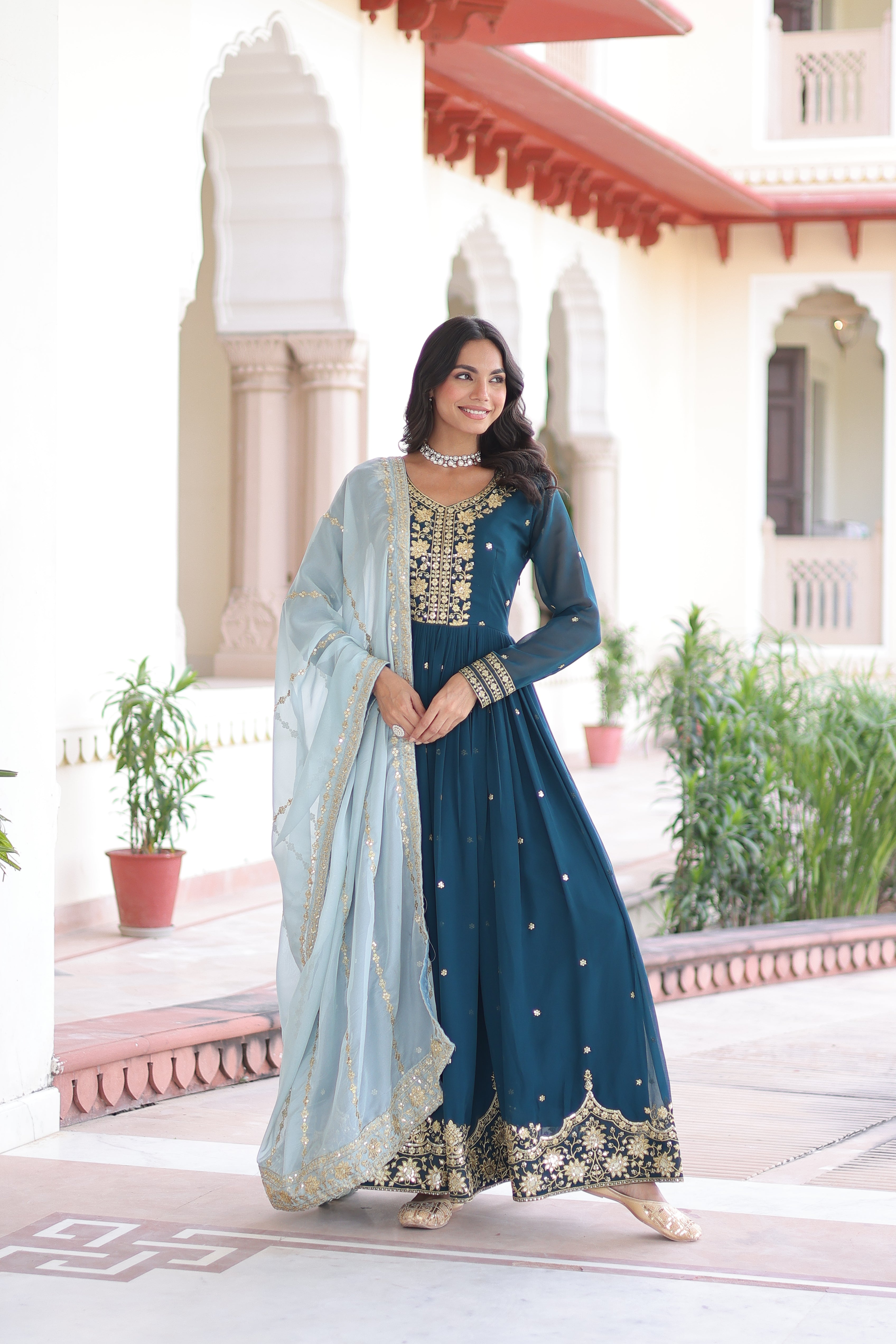 Vireen teal blue faux georgette gown with zari sequins embroidery and dupatta