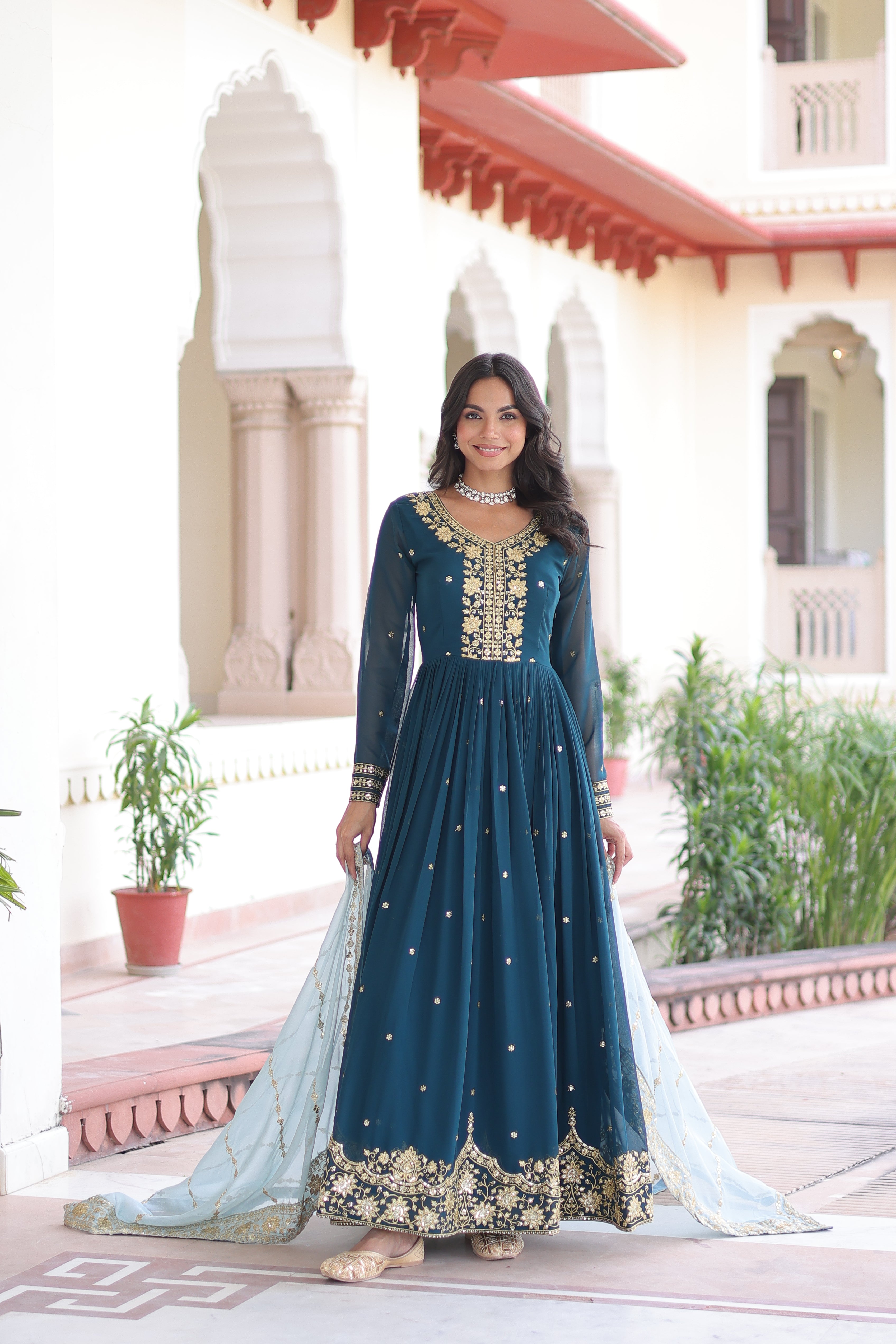 Vireen teal blue faux georgette gown with zari sequins embroidery and dupatta