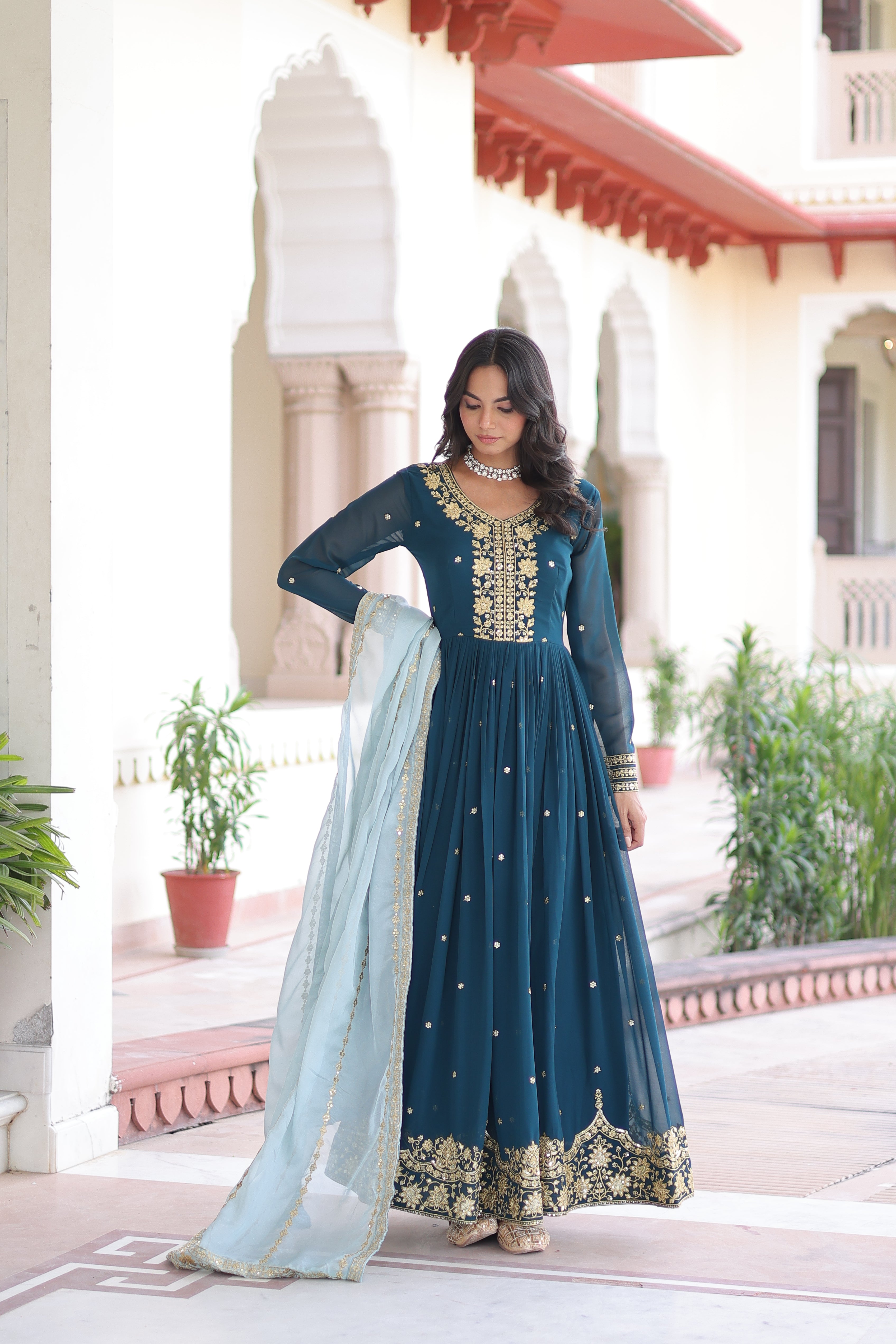 Vireen teal blue faux georgette gown with zari sequins embroidery and dupatta