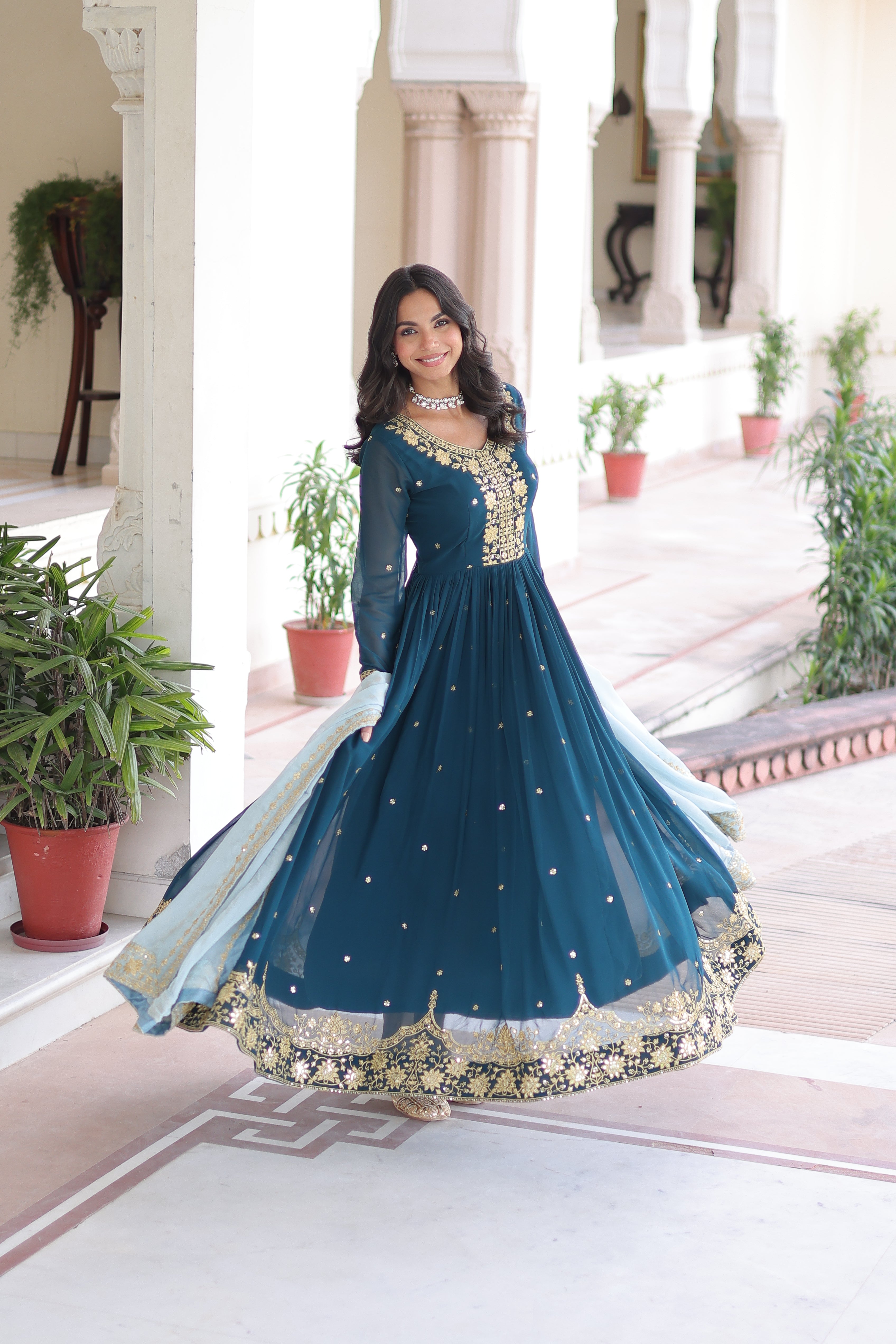Vireen teal blue faux georgette gown with zari sequins embroidery and dupatta