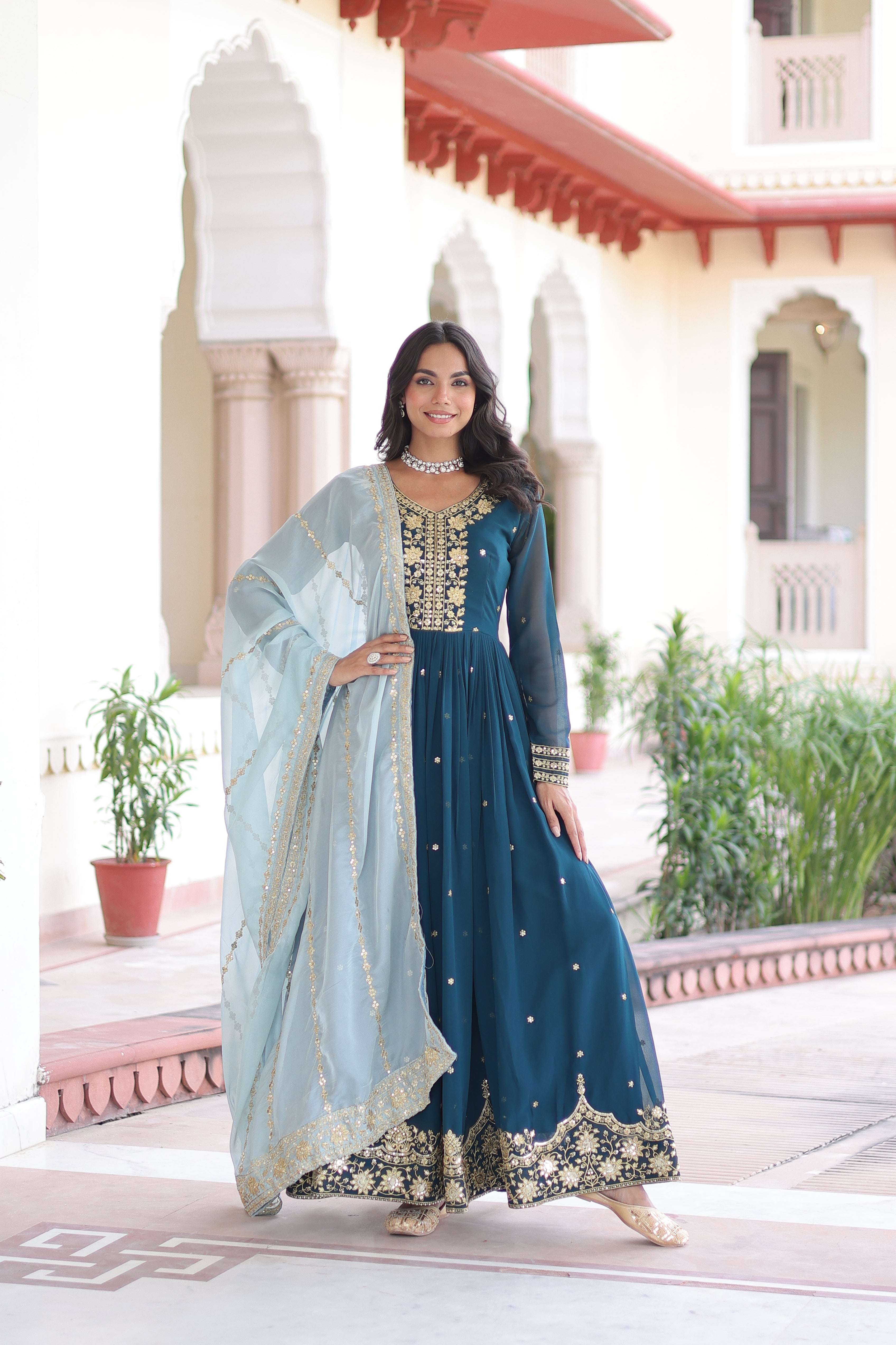Vireen teal blue faux georgette gown with zari sequins embroidery and dupatta