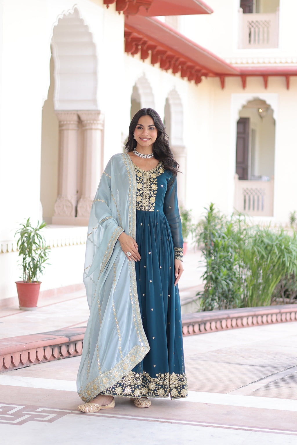 Vireen teal blue faux georgette gown with zari sequins embroidery and dupatta