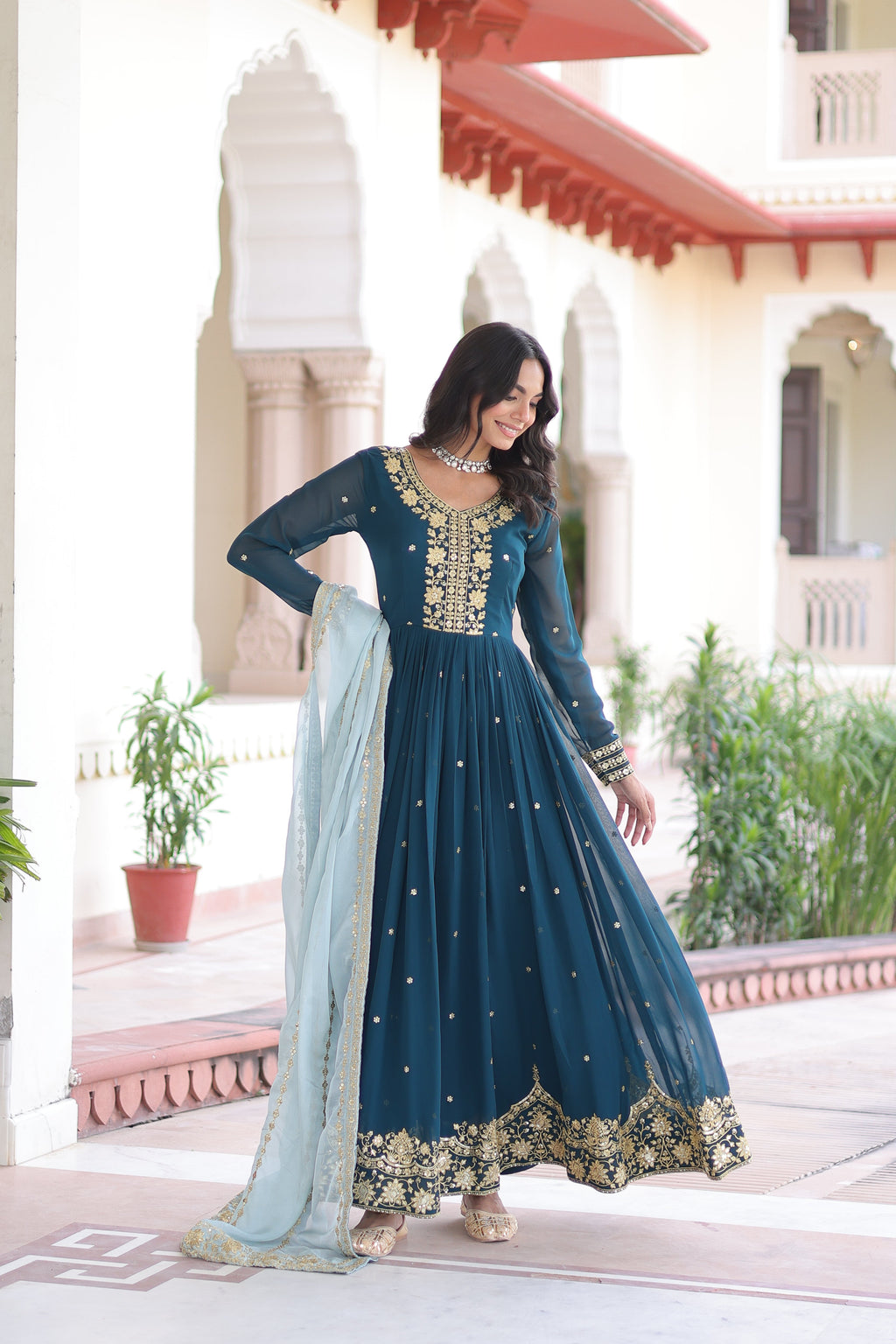 Vireen teal blue faux georgette gown with zari sequins embroidery and dupatta