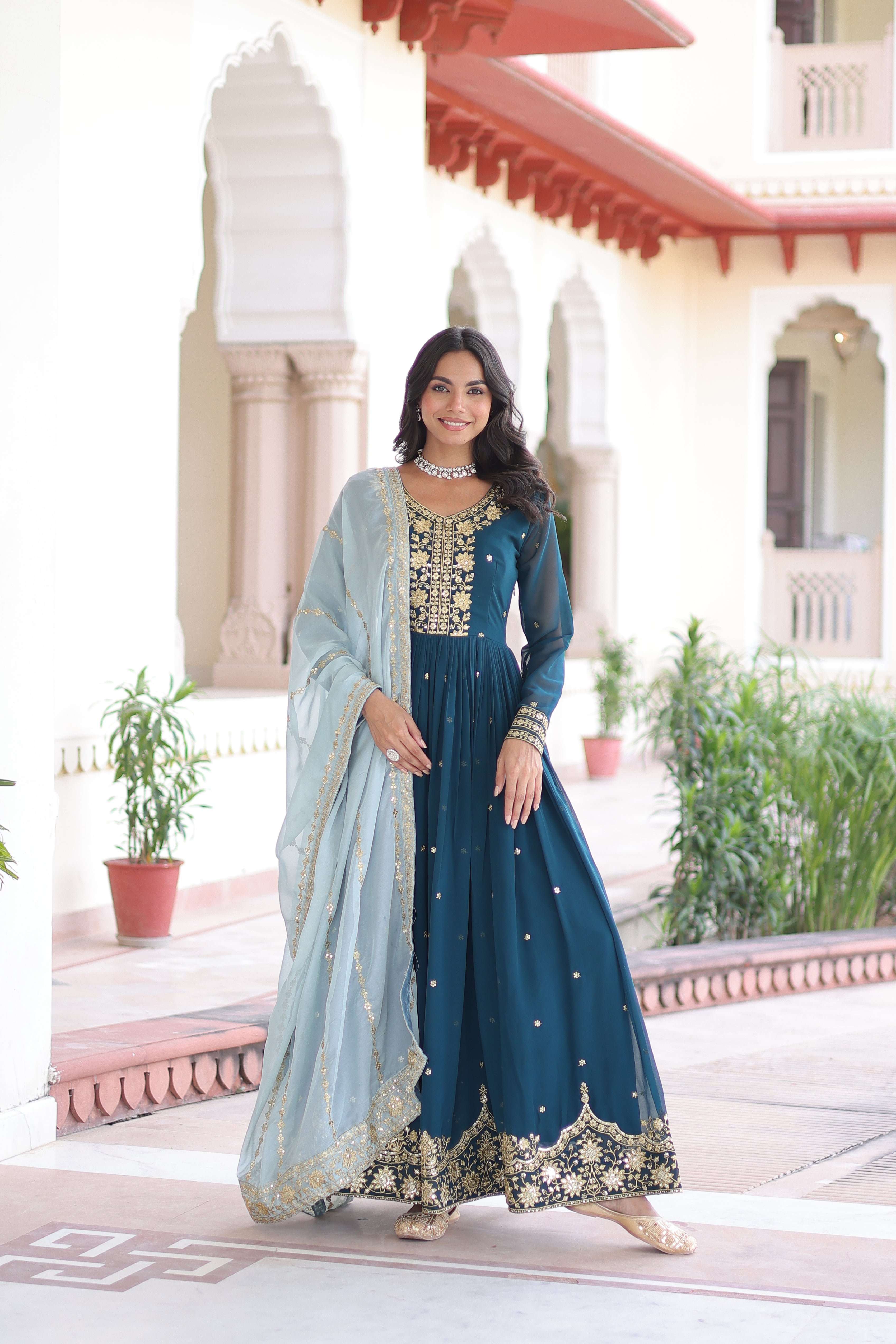 Vireen teal blue faux georgette gown with zari sequins embroidery and dupatta