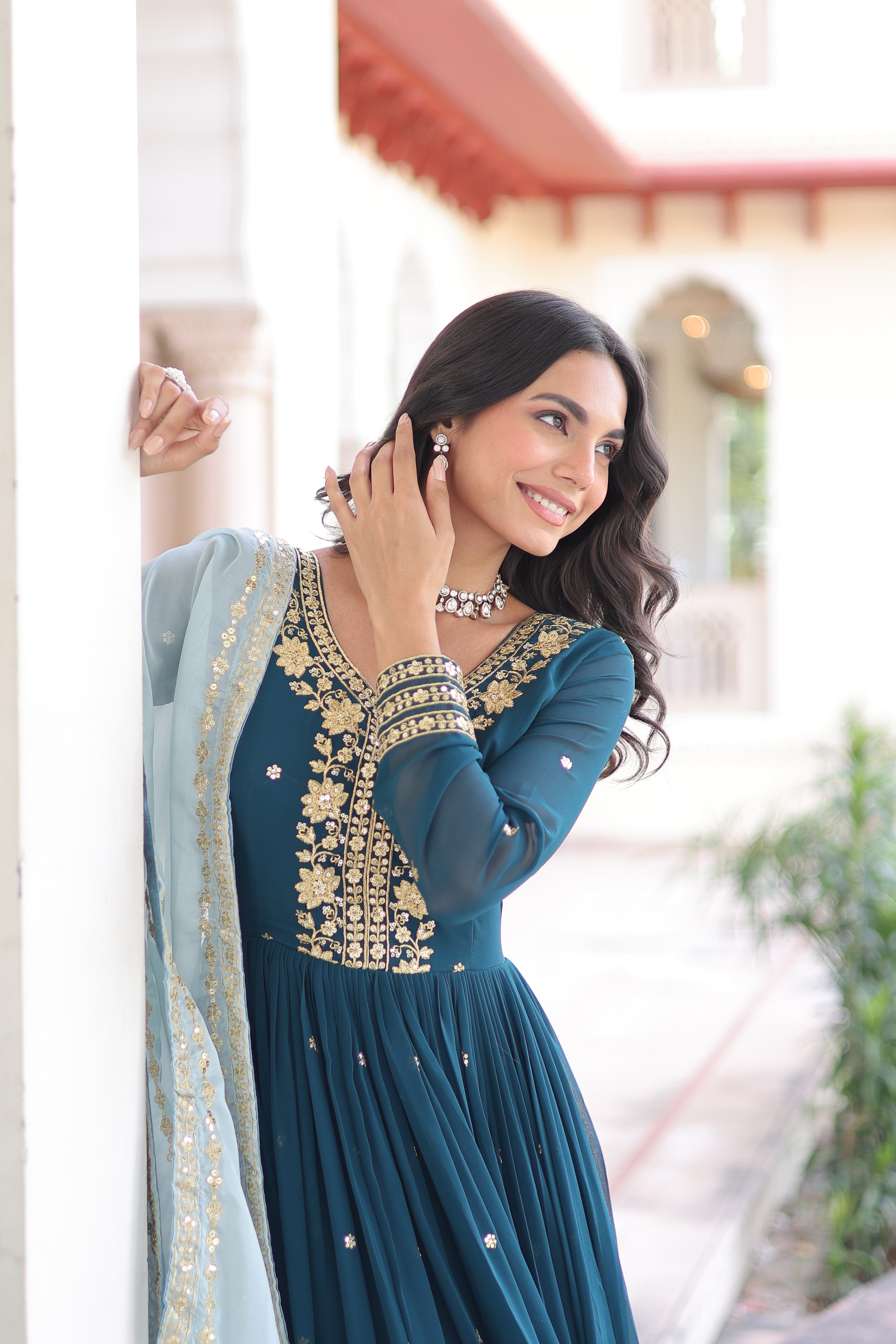 Vireen teal blue faux georgette gown with zari sequins embroidery and dupatta