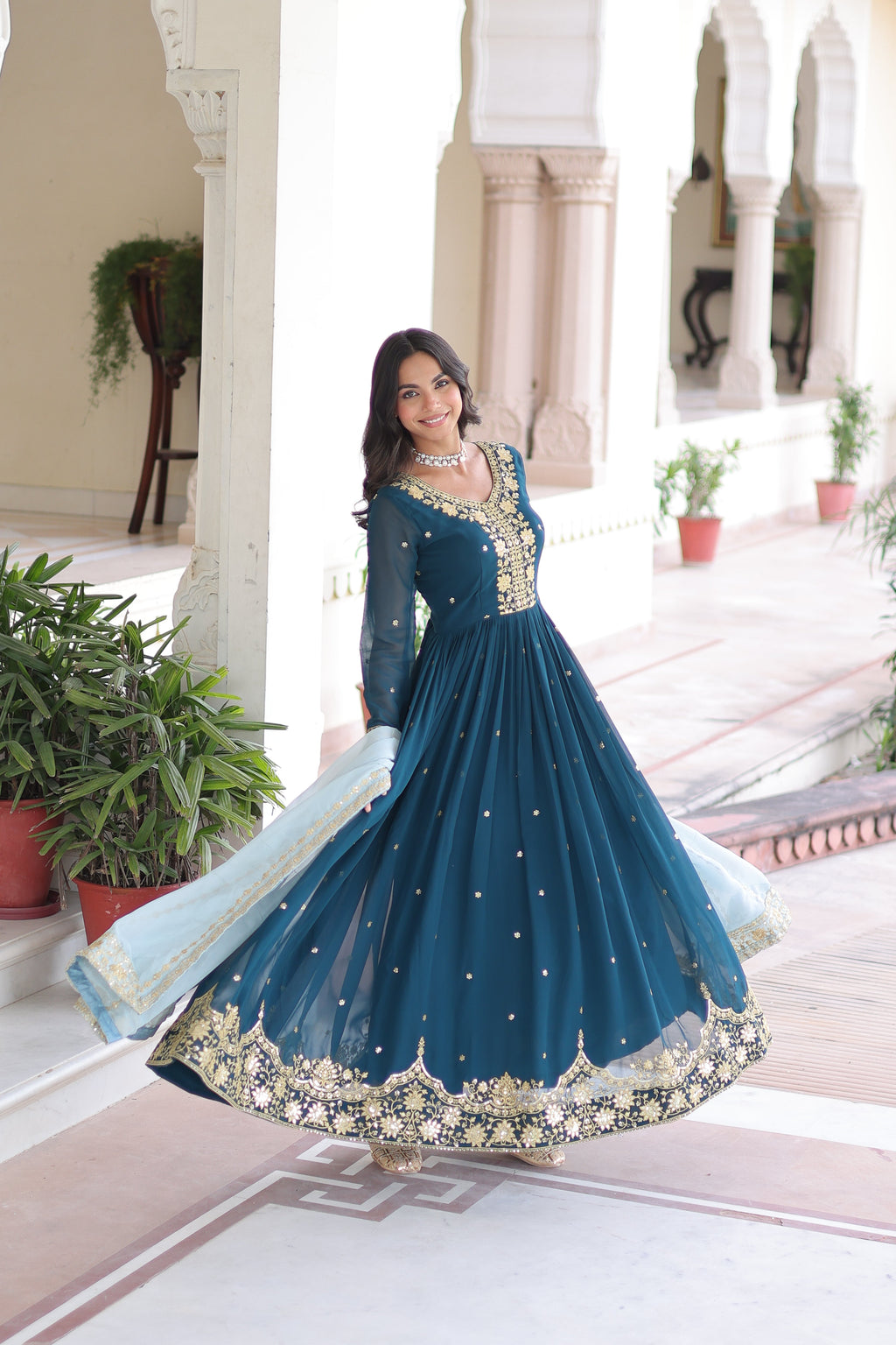 Vireen teal blue faux georgette gown with zari sequins embroidery and dupatta