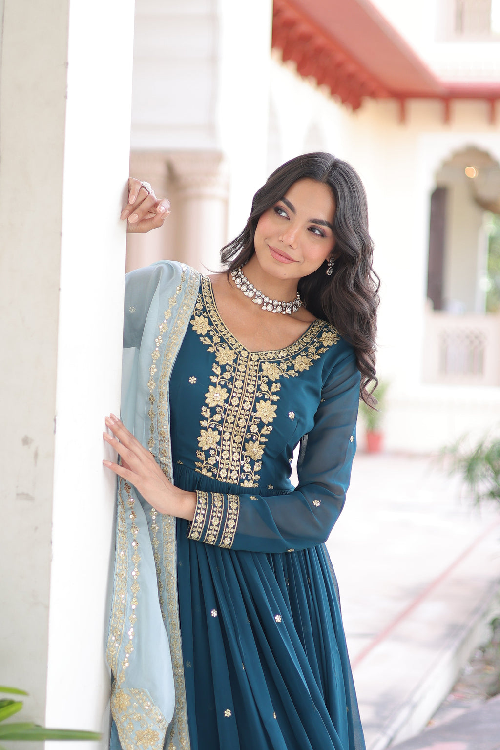 Vireen teal blue faux georgette gown with zari sequins embroidery and dupatta