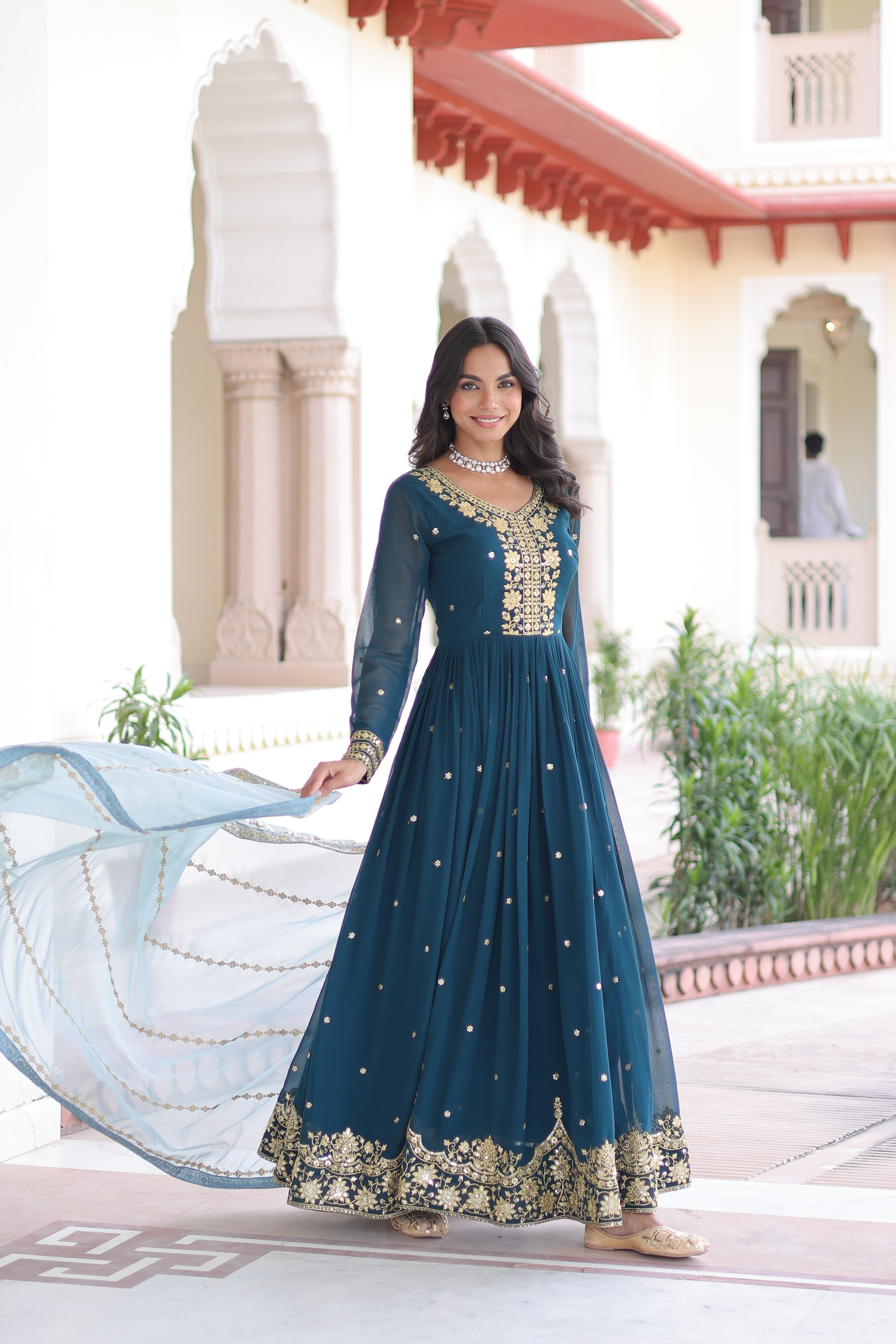 Vireen teal blue faux georgette gown with zari sequins embroidery and dupatta