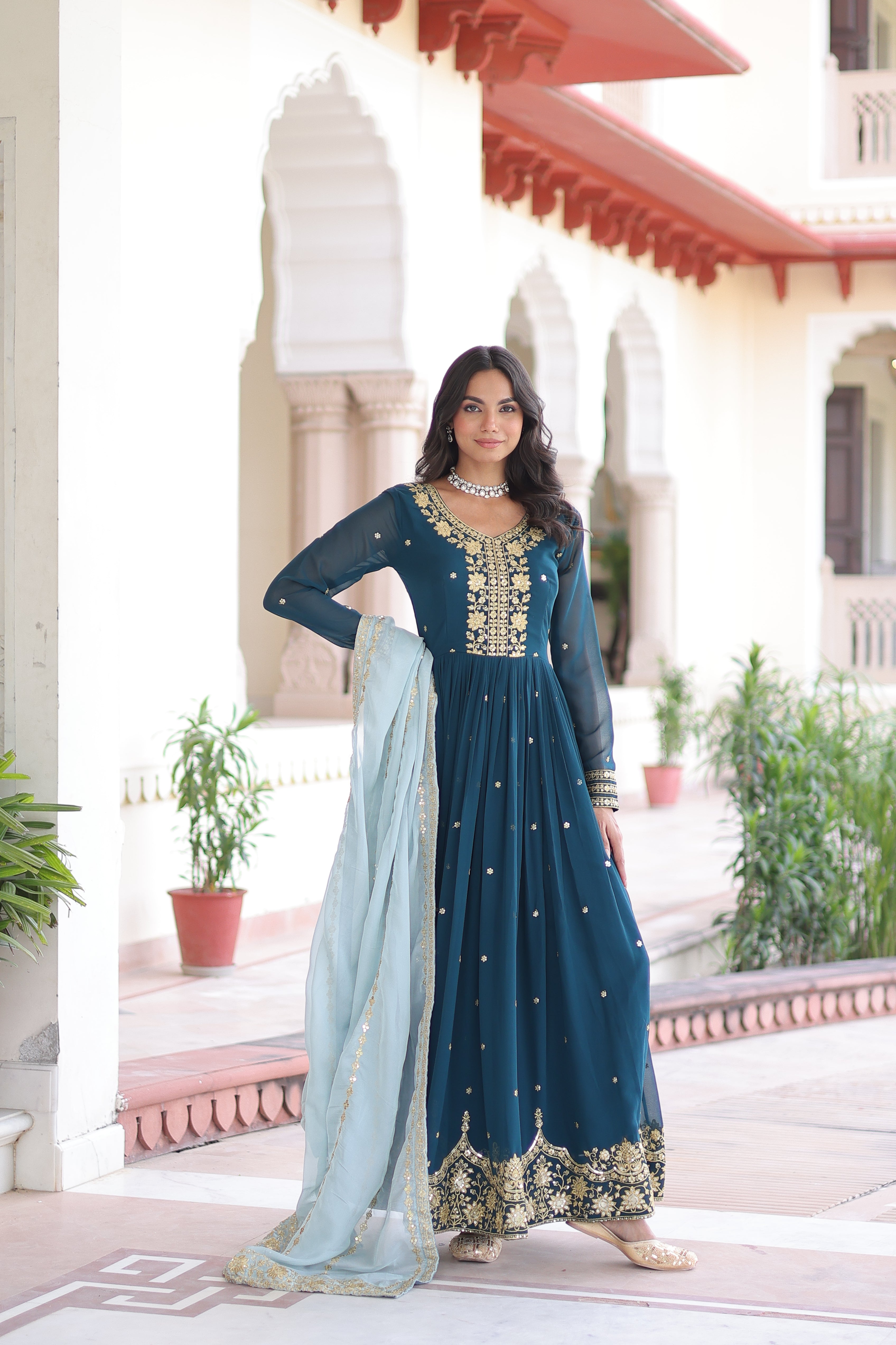 Vireen teal blue faux georgette gown with zari sequins embroidery and dupatta