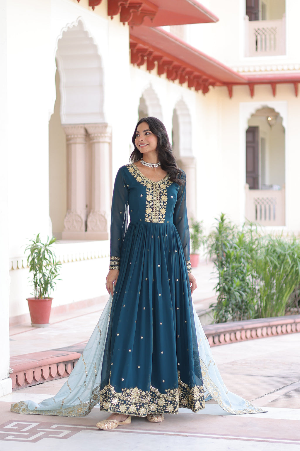 Vireen teal blue faux georgette gown with zari sequins embroidery and dupatta
