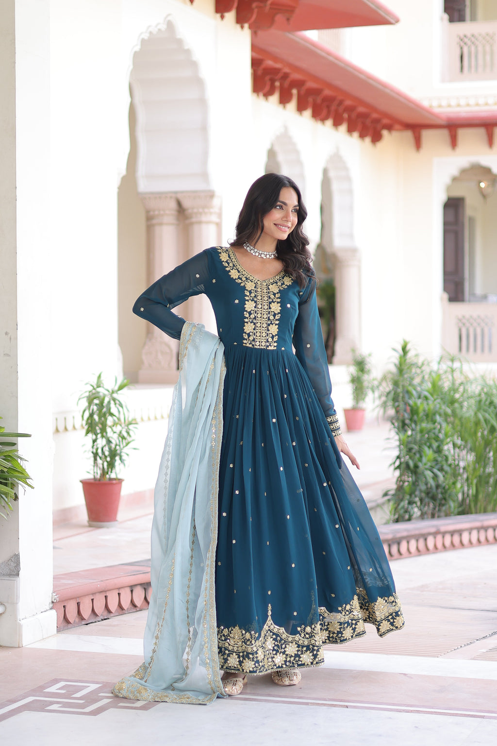 Vireen teal blue faux georgette gown with zari sequins embroidery and dupatta