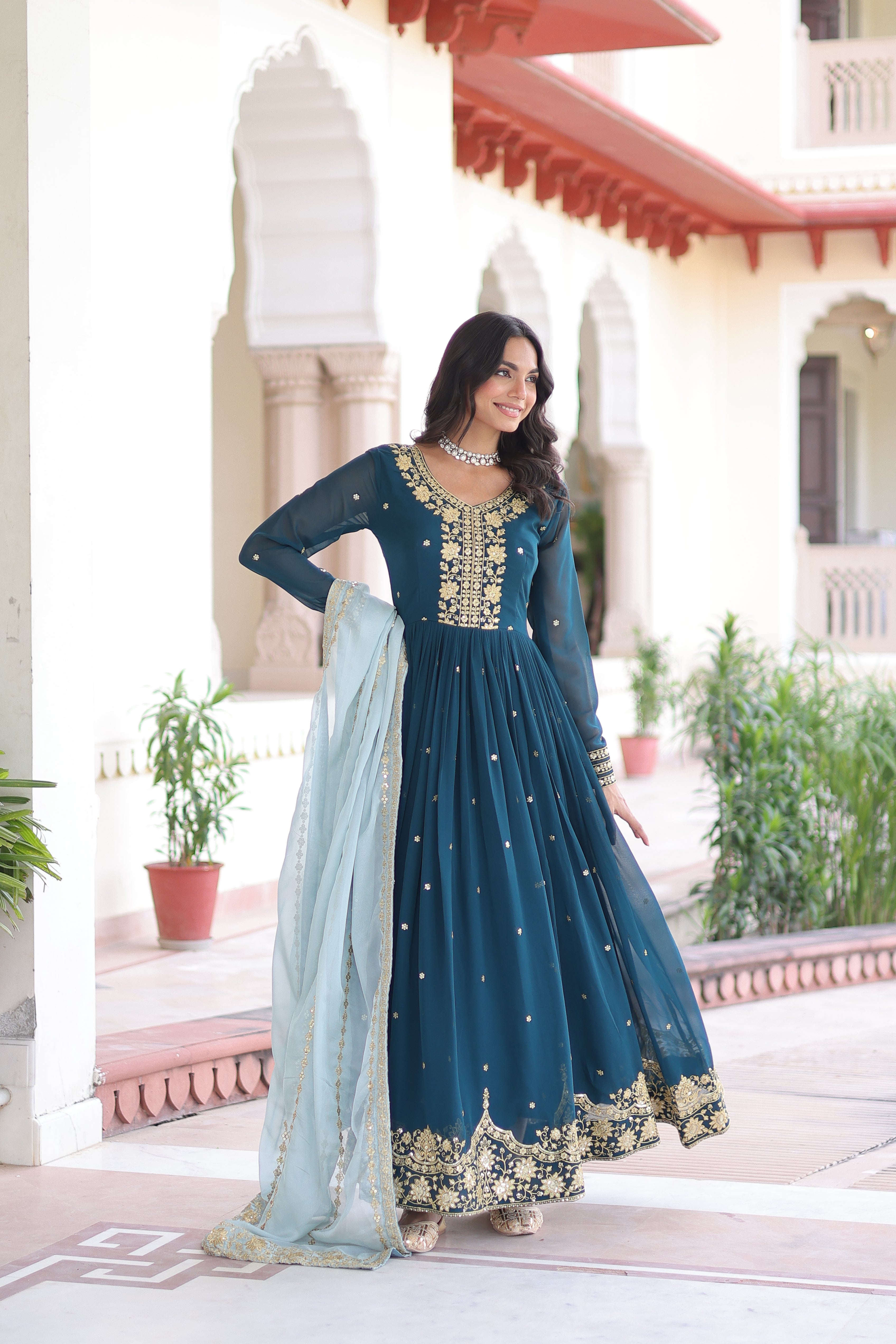 Vireen teal blue faux georgette gown with zari sequins embroidery and dupatta