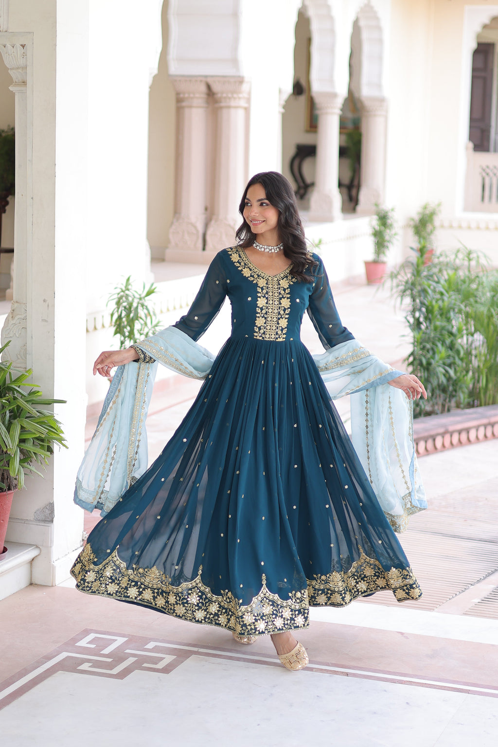 Vireen teal blue faux georgette gown with zari sequins embroidery and dupatta