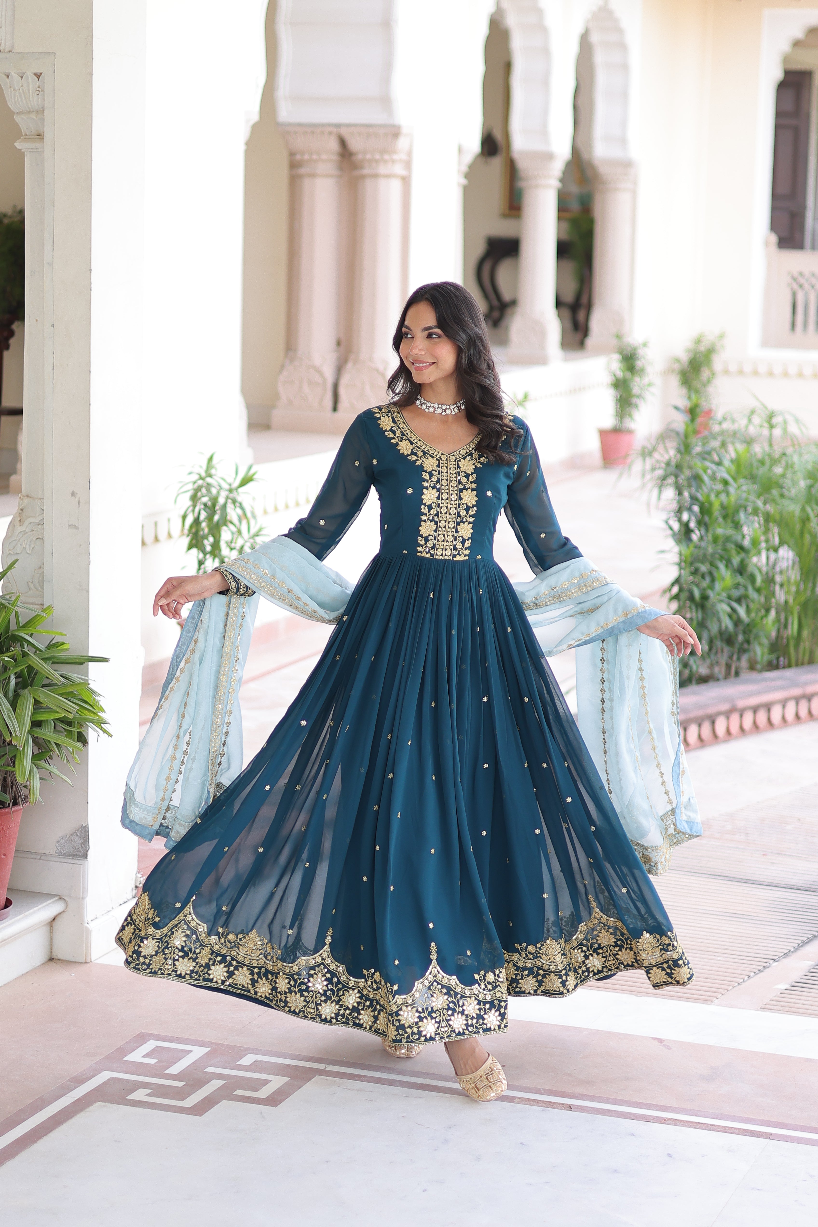 Vireen teal blue faux georgette gown with zari sequins embroidery and dupatta