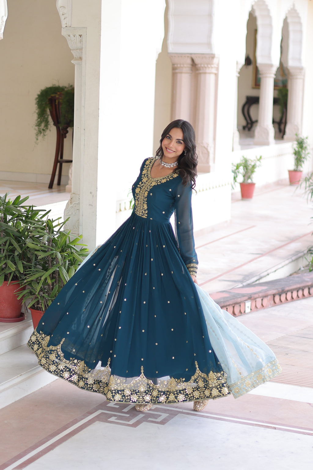 Vireen teal blue faux georgette gown with zari sequins embroidery and dupatta