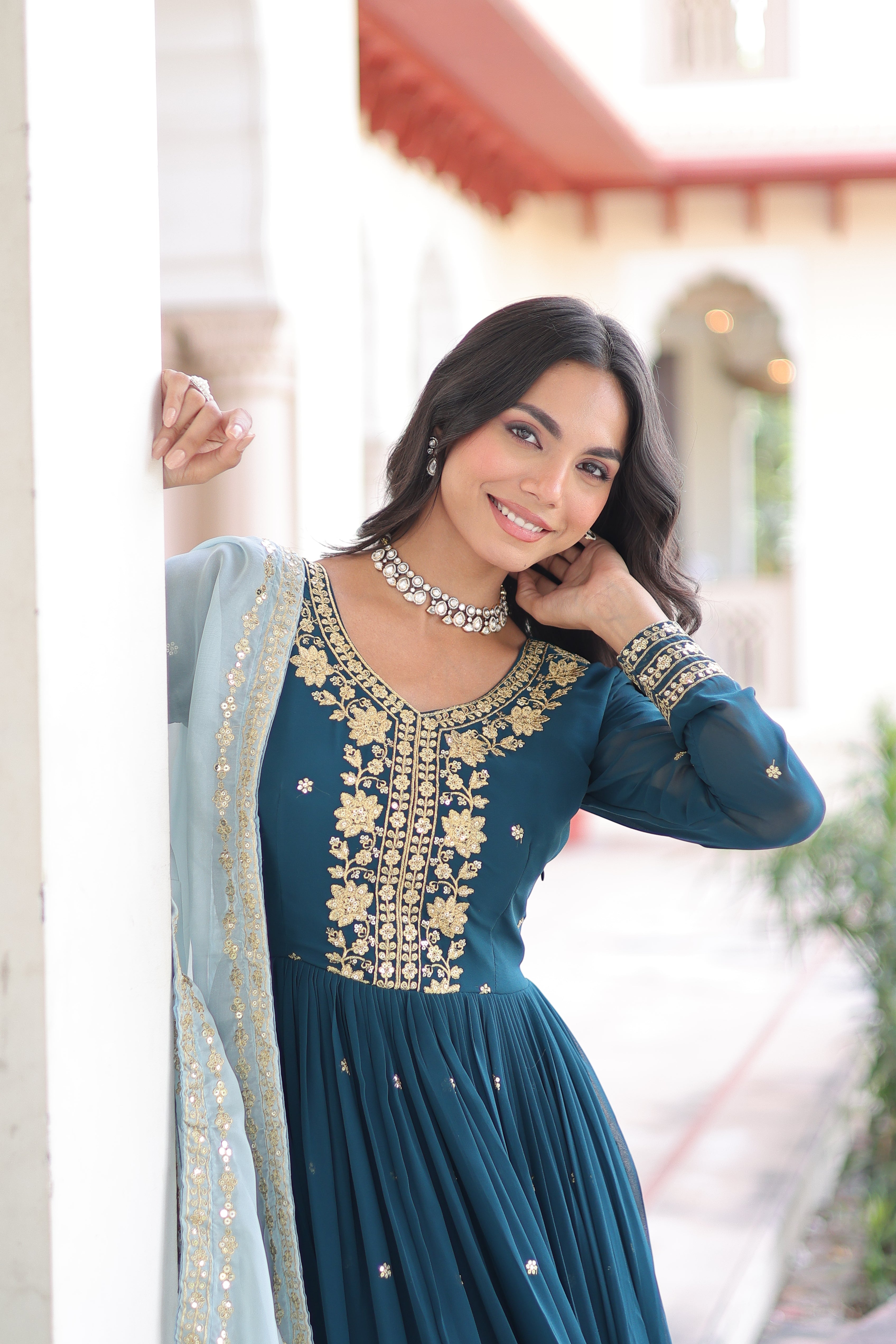 Vireen teal blue faux georgette gown with zari sequins embroidery and dupatta