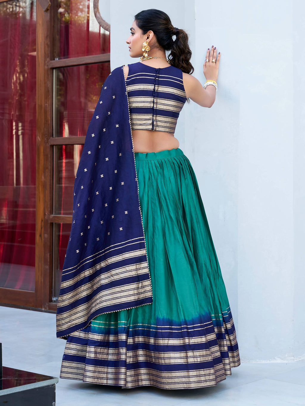 Teal blue pure Chanderi zari weaving lehenga choli with dupatta