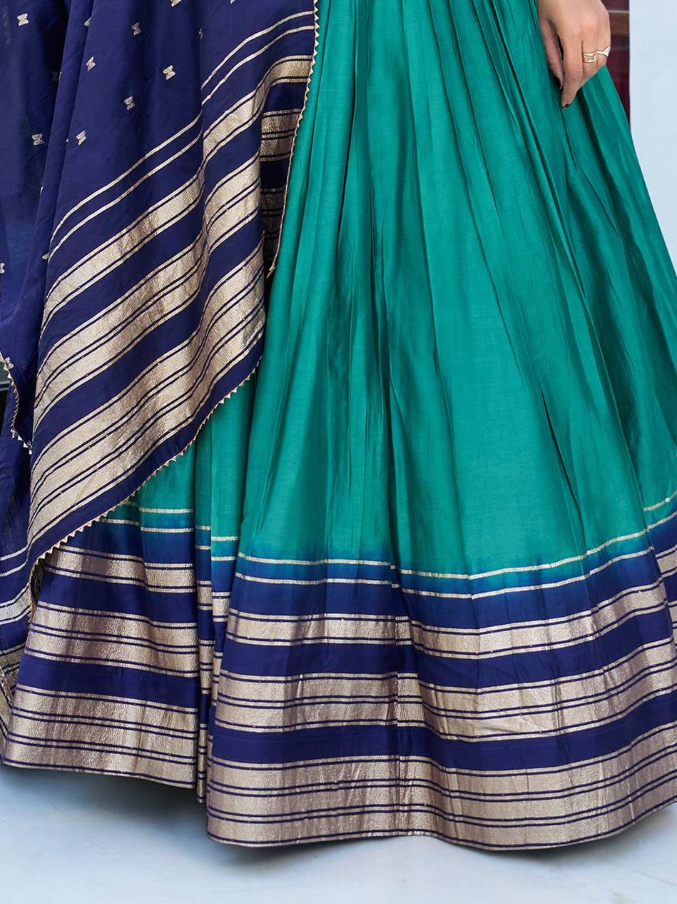 Teal blue pure Chanderi zari weaving lehenga choli with dupatta