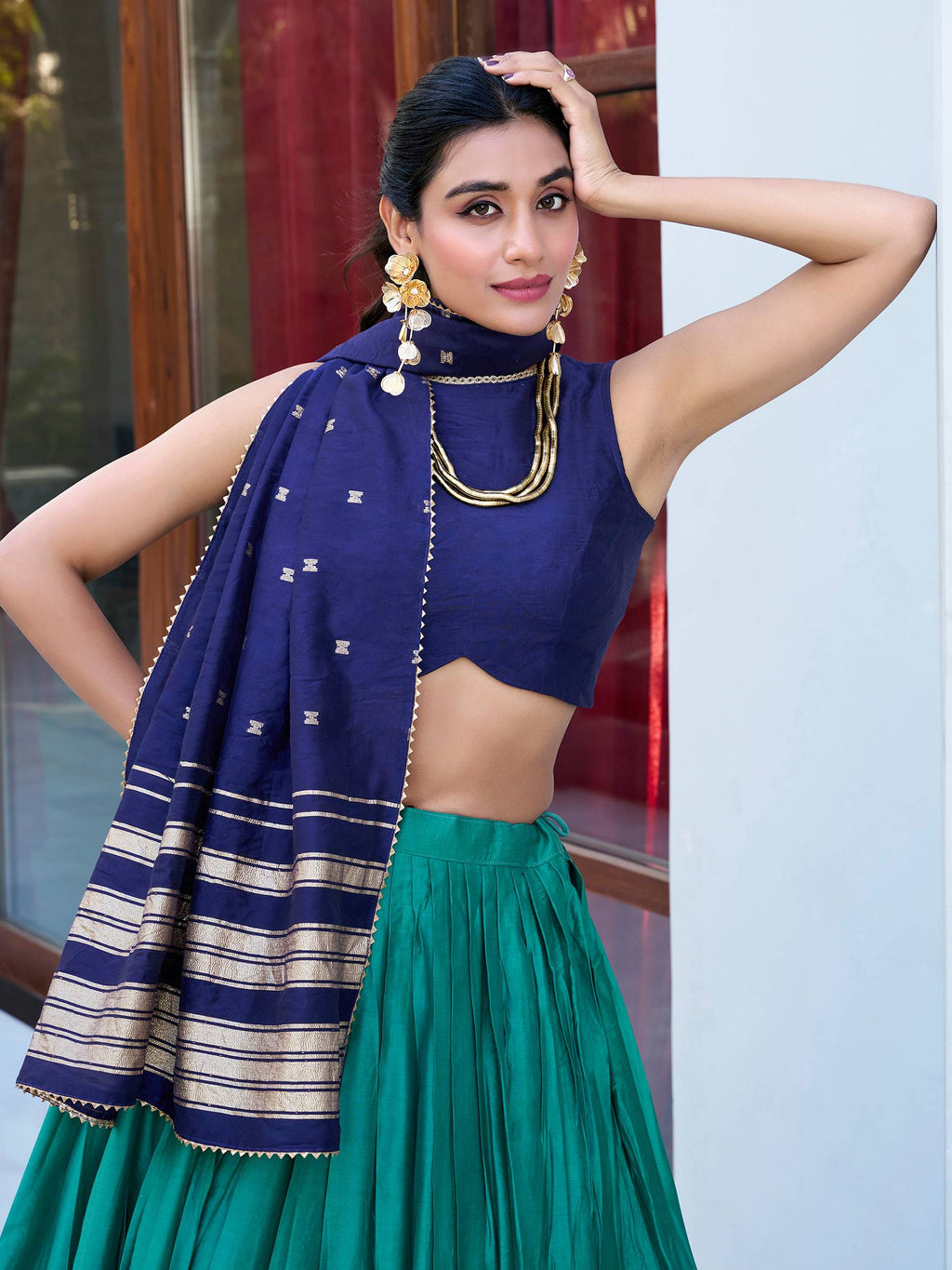 Teal blue pure Chanderi zari weaving lehenga choli with dupatta