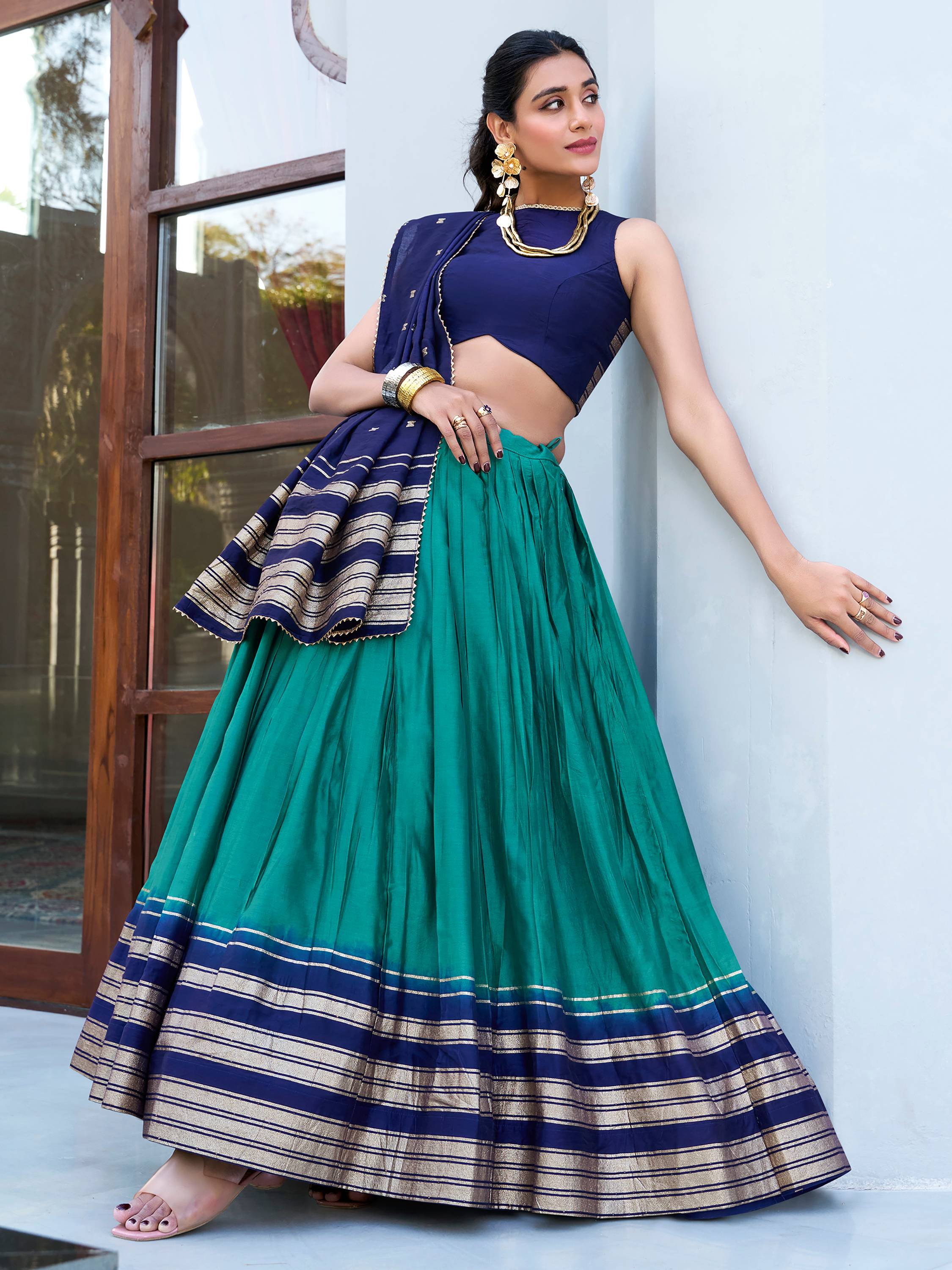 Teal blue pure Chanderi zari weaving lehenga choli with dupatta