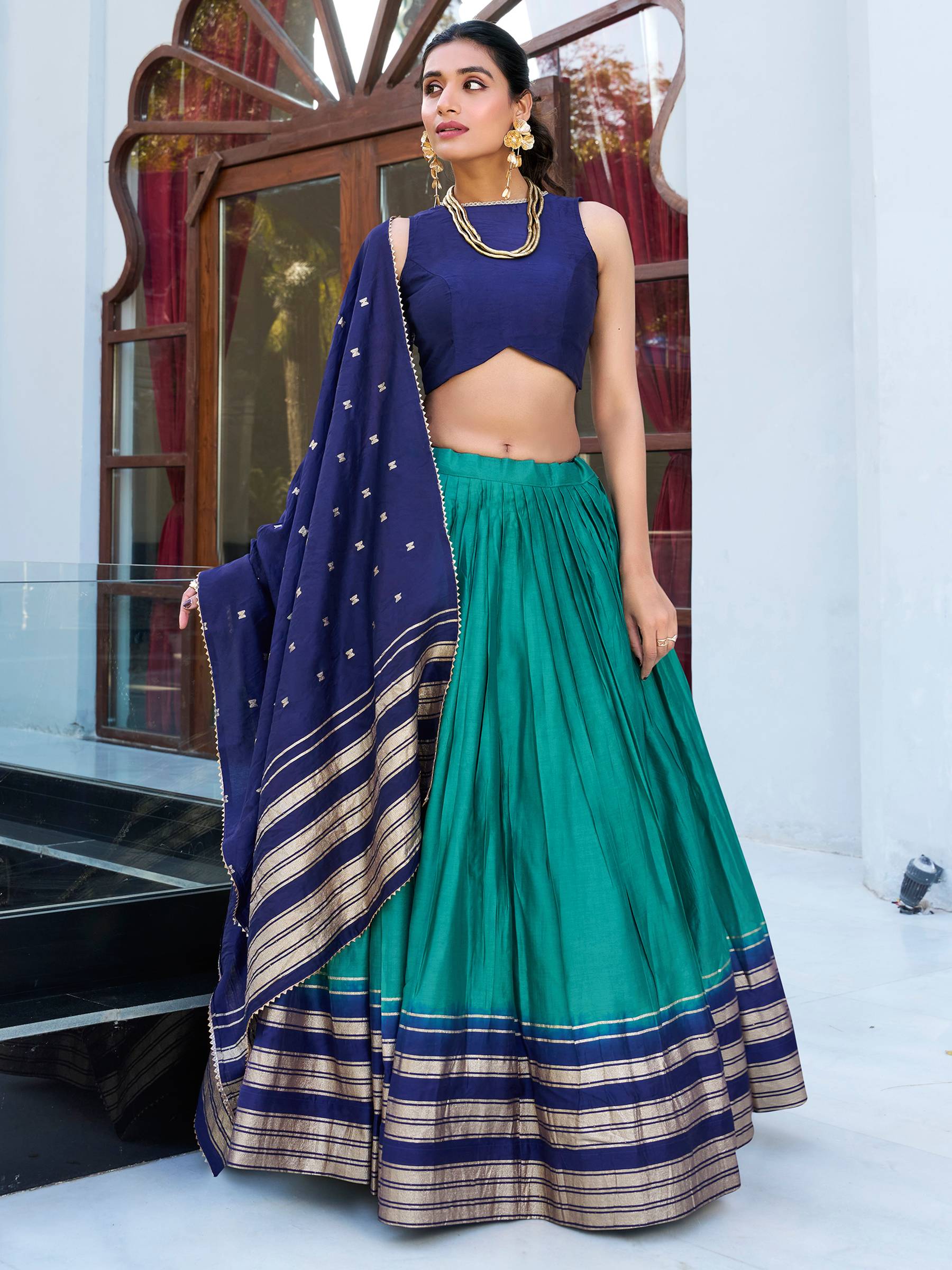 Teal blue pure Chanderi zari weaving lehenga choli with dupatta