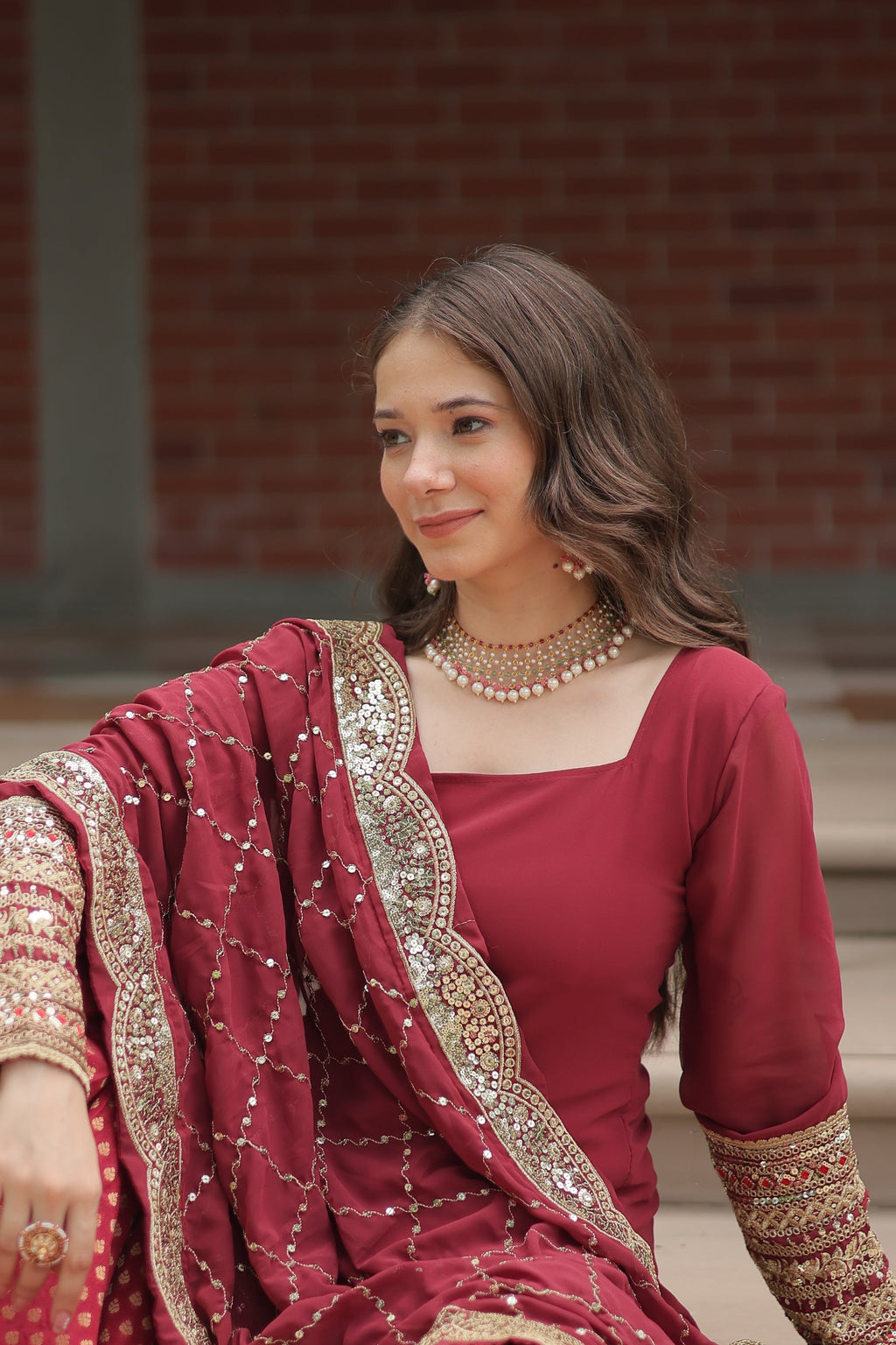 Maroon georgette embroidered Tishya designer sharara suit