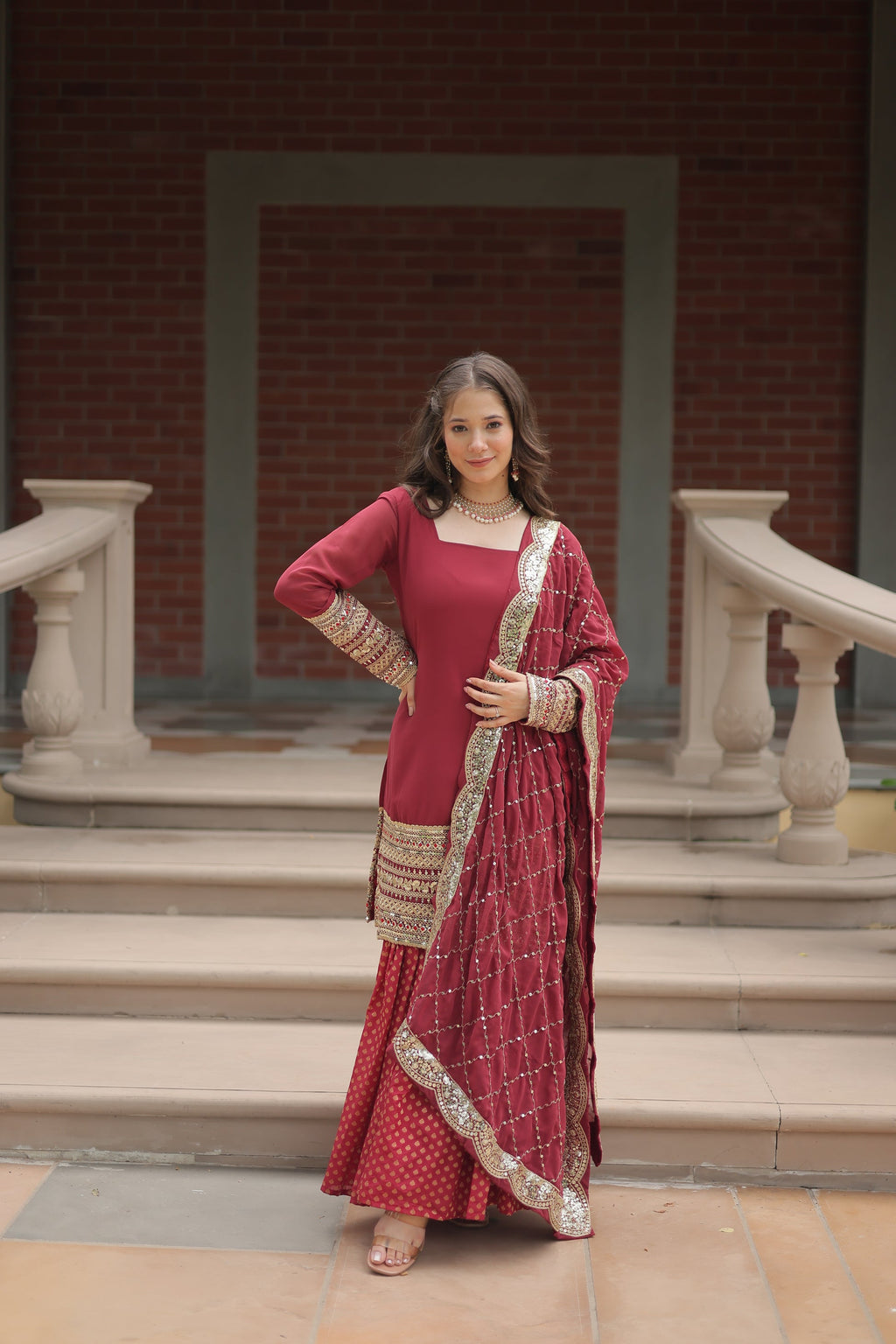 Maroon georgette embroidered Tishya designer sharara suit