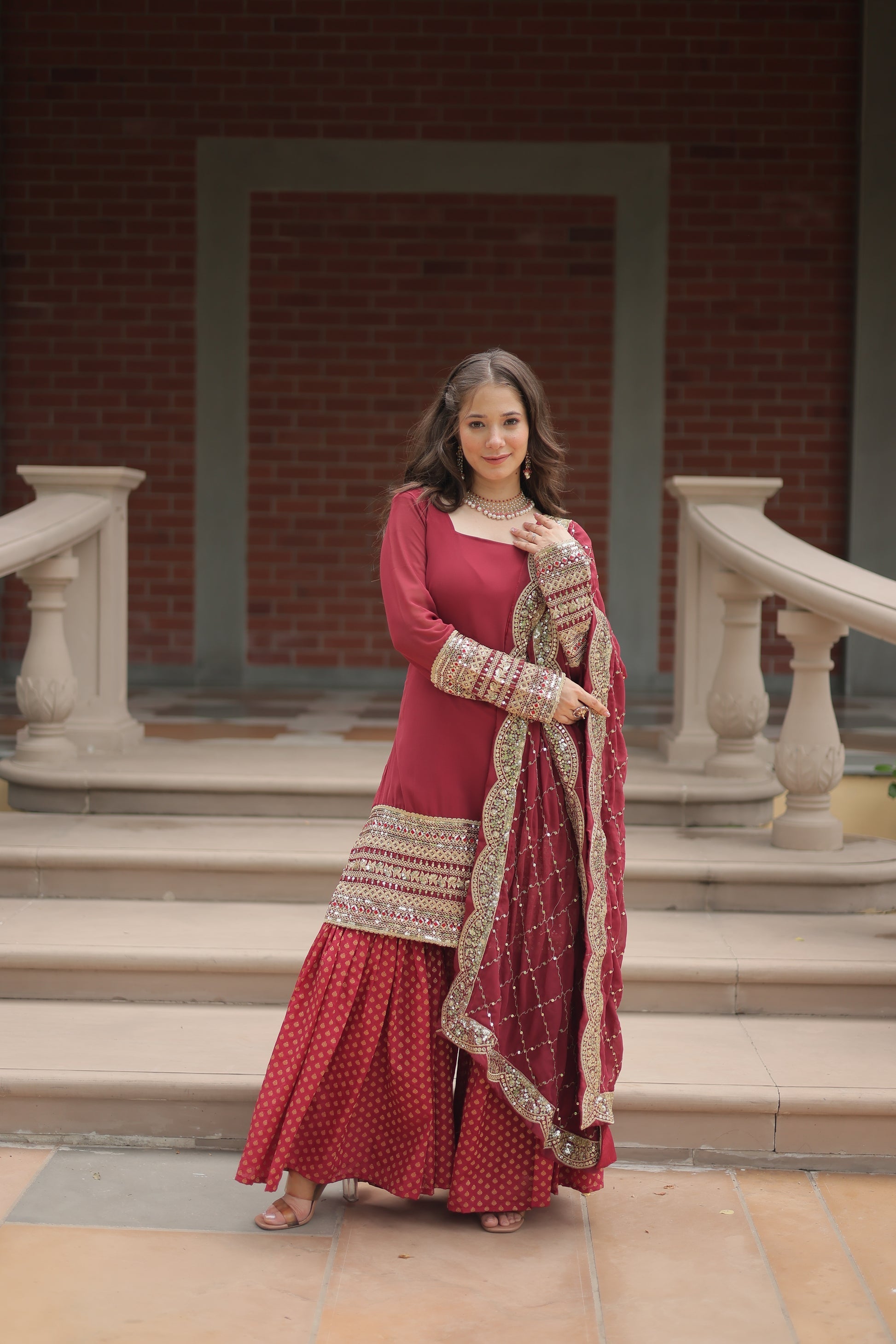 Maroon georgette embroidered Tishya designer sharara suit