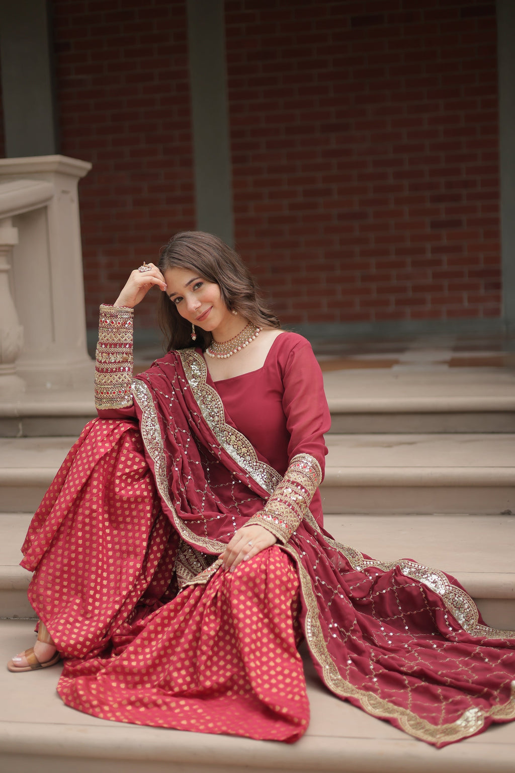 Maroon georgette embroidered Tishya designer sharara suit