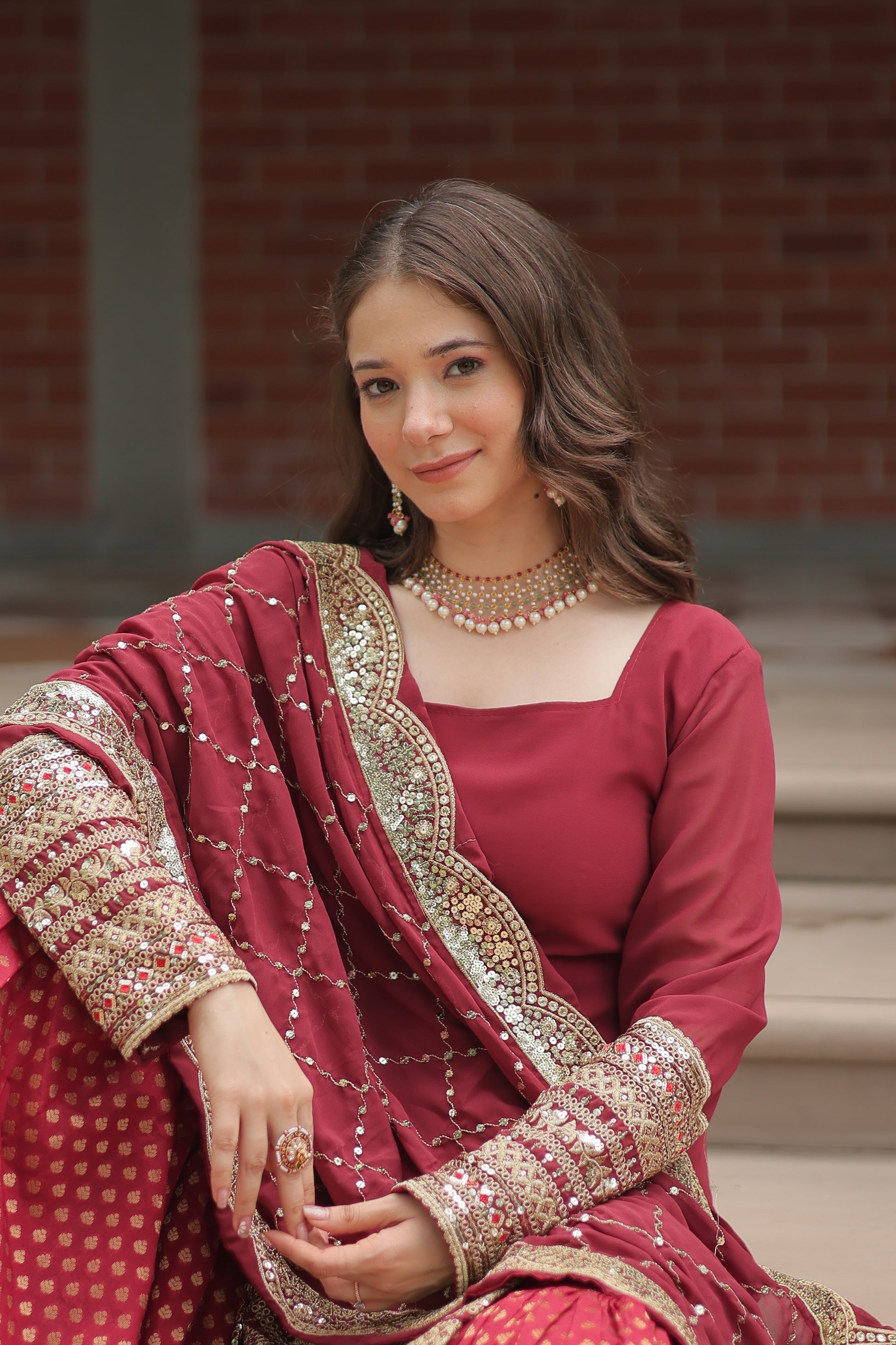 Maroon georgette embroidered Tishya designer sharara suit