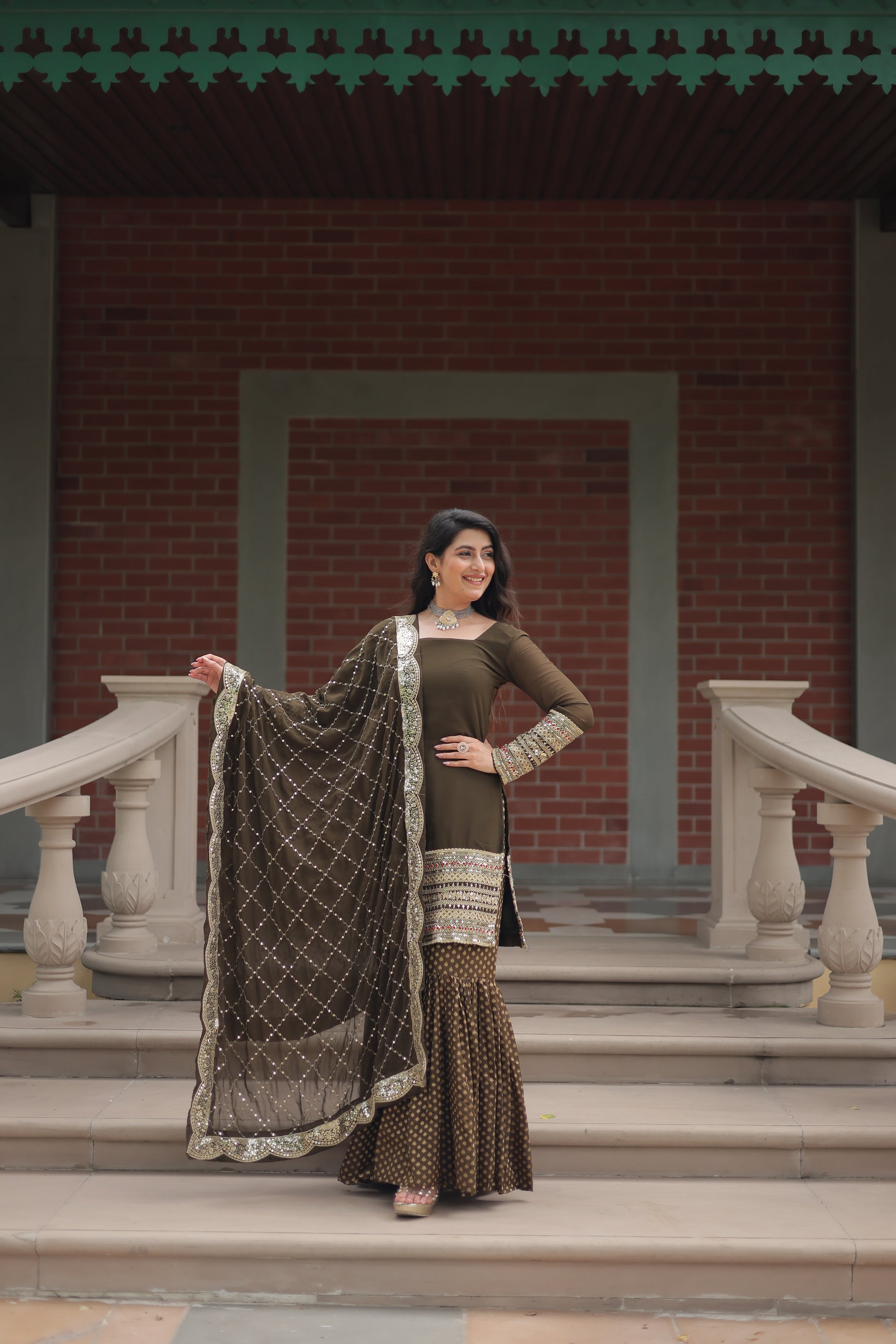 Mehndi green georgette embroidered Tishya designer sharara suit