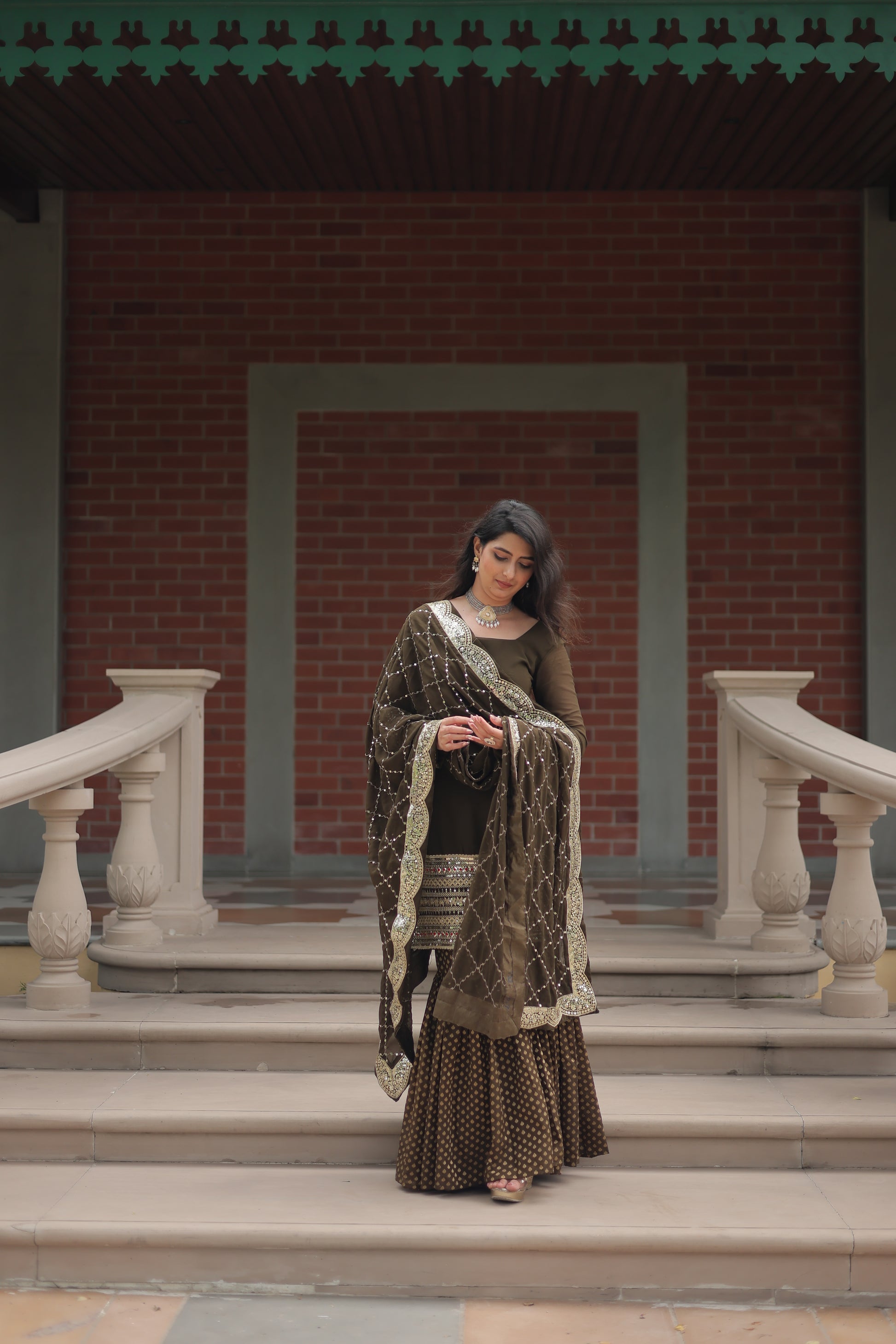 Mehndi green georgette embroidered Tishya designer sharara suit