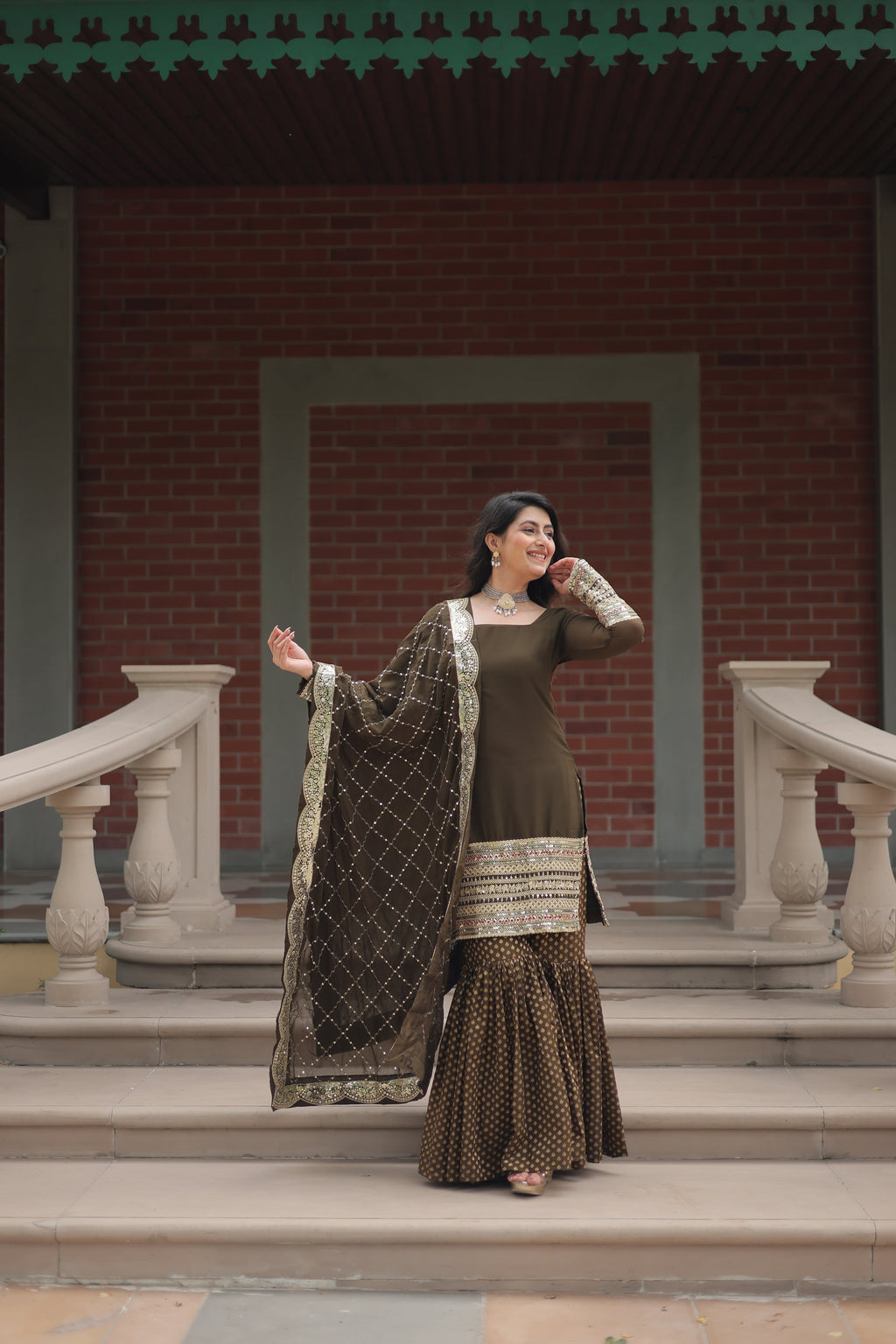 Mehndi green georgette embroidered Tishya designer sharara suit