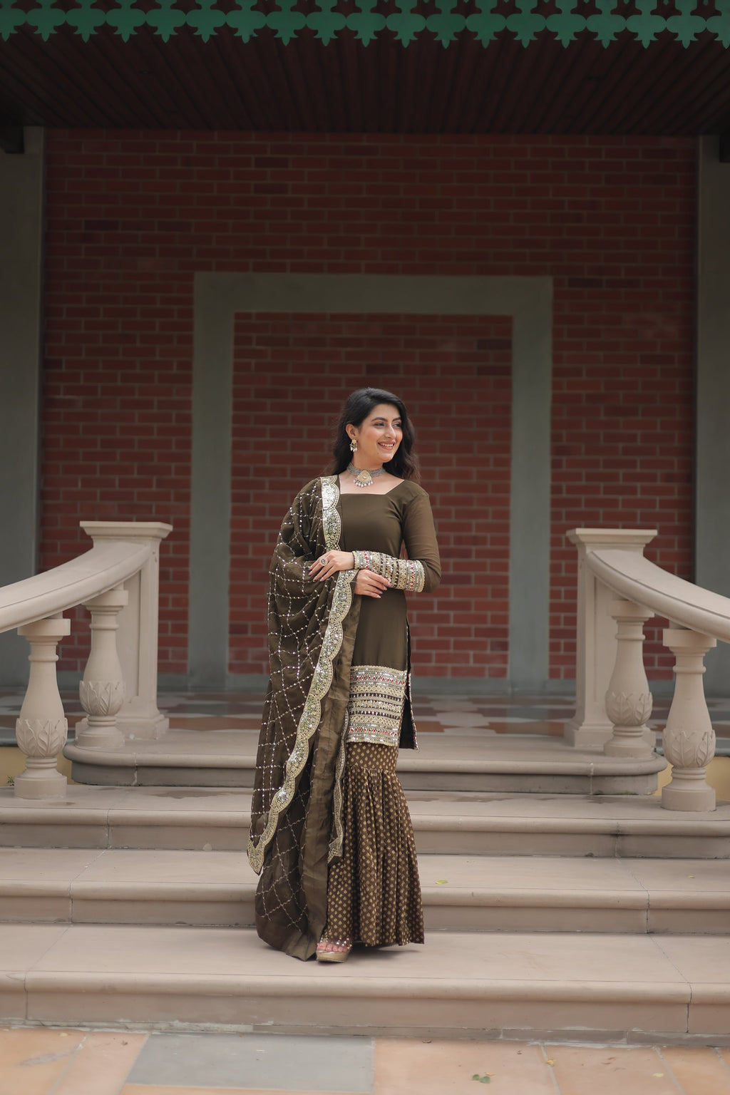 Mehndi green georgette embroidered Tishya designer sharara suit