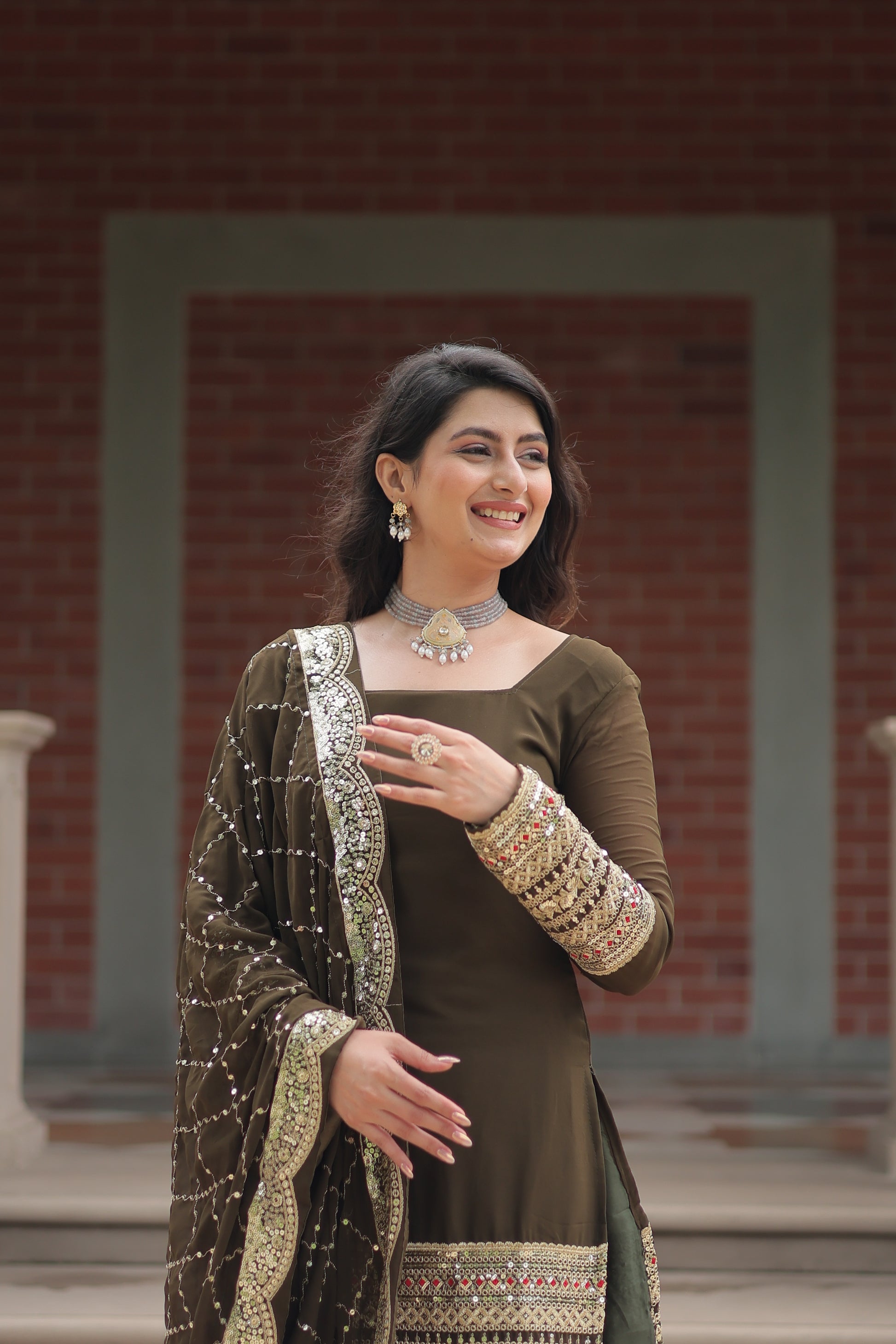 Mehndi green georgette embroidered Tishya designer sharara suit