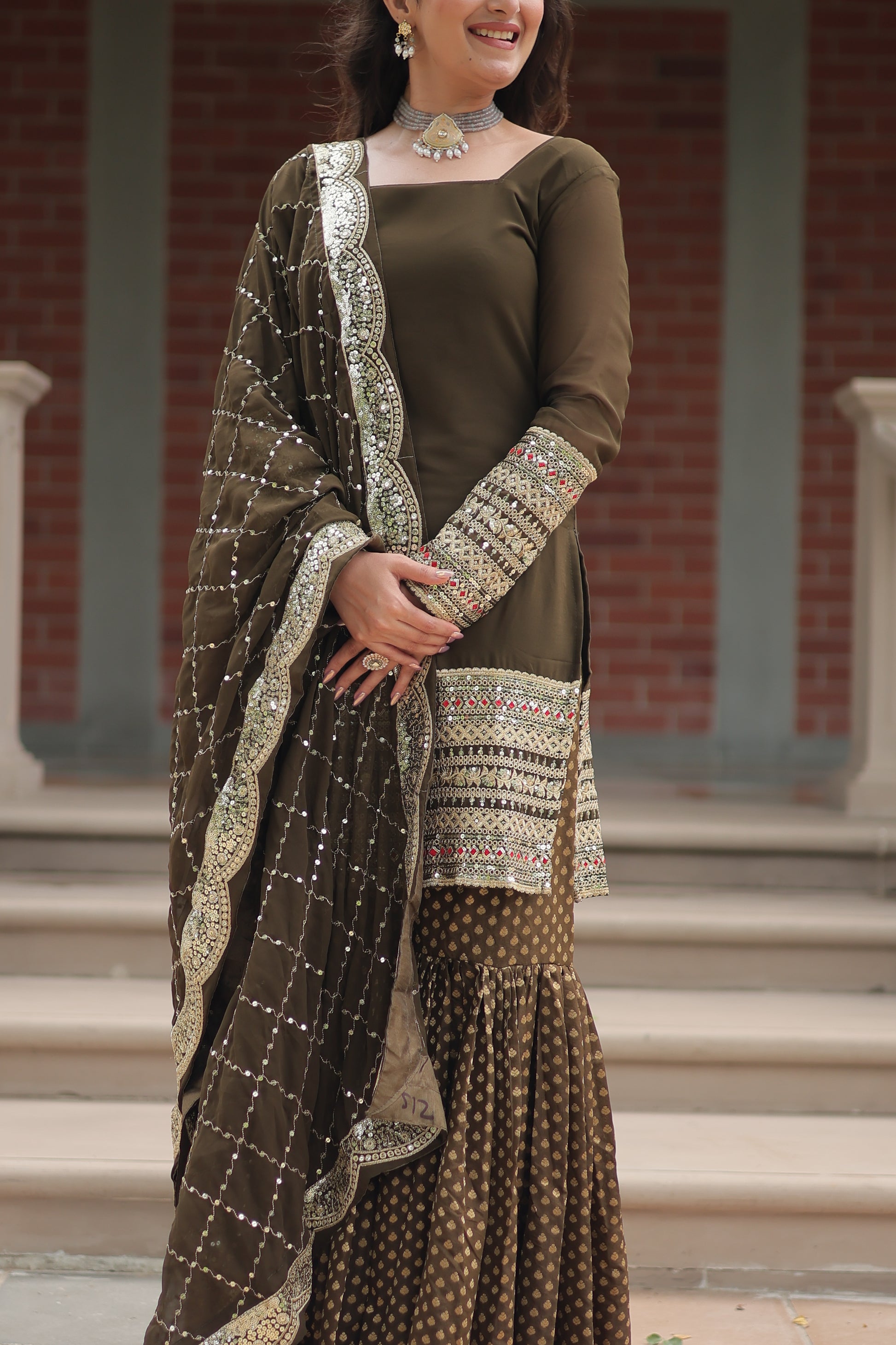 Mehndi green georgette embroidered Tishya designer sharara suit
