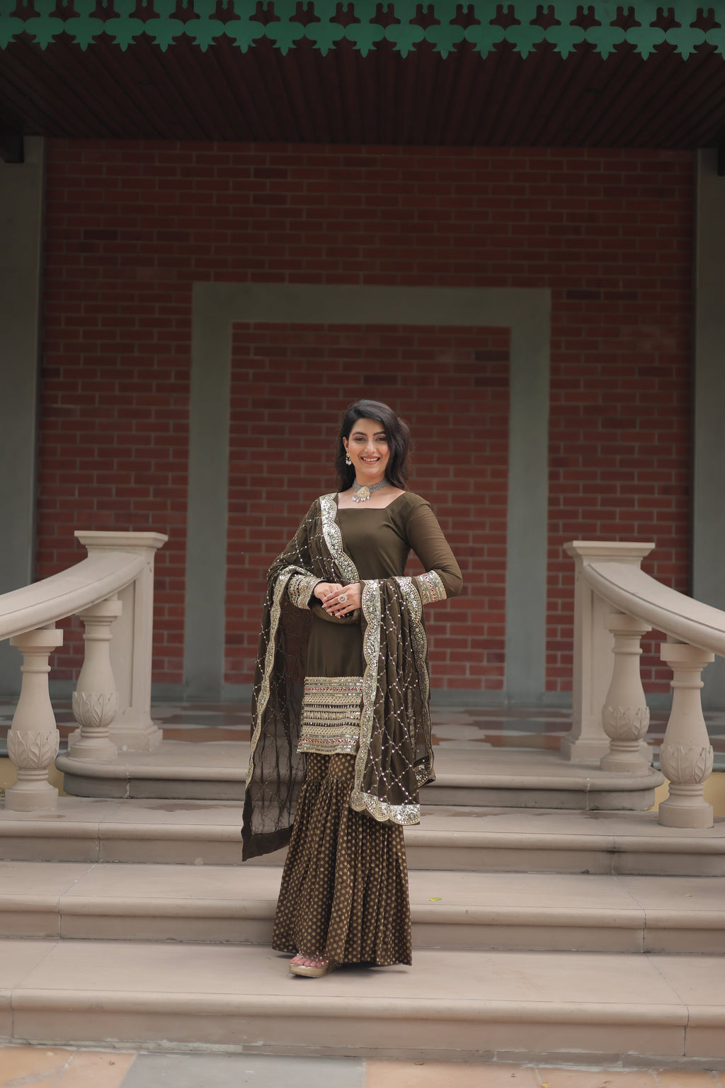 Mehndi green georgette embroidered Tishya designer sharara suit