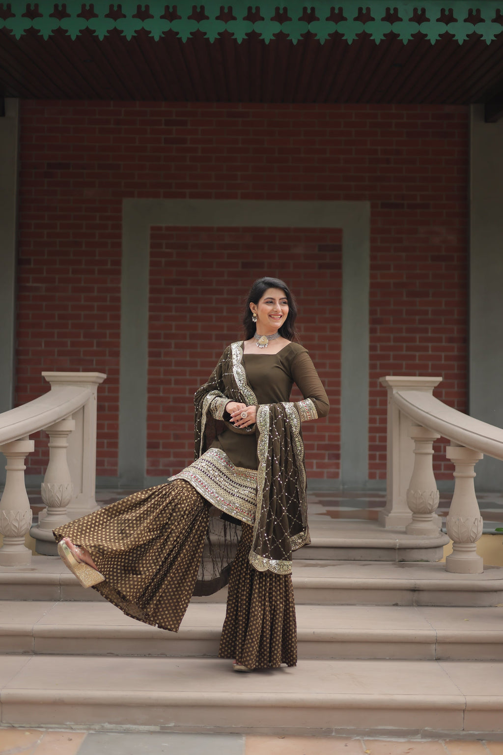 Mehndi green georgette embroidered Tishya designer sharara suit