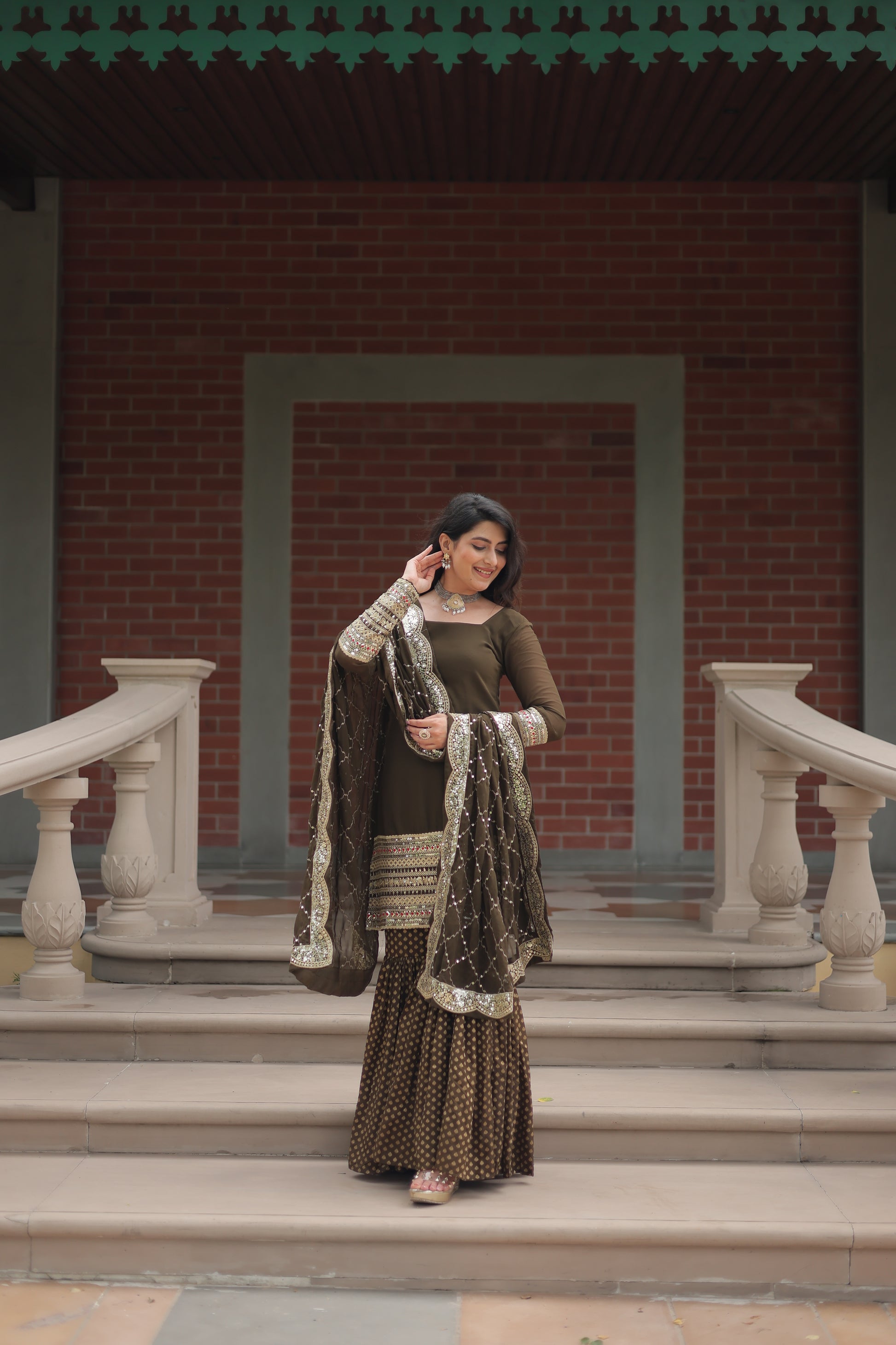 Mehndi green georgette embroidered Tishya designer sharara suit