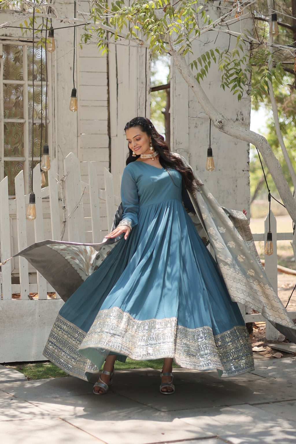 Sky blue georgette Tiya designer Anarkali gown