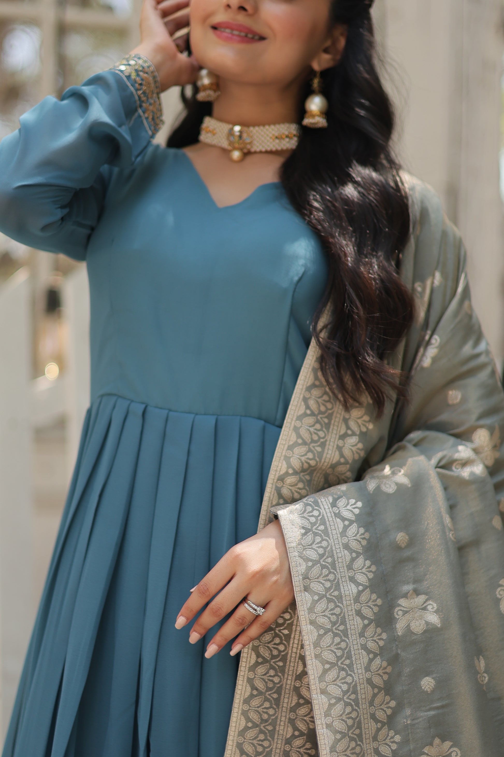 Sky blue georgette Tiya designer Anarkali gown