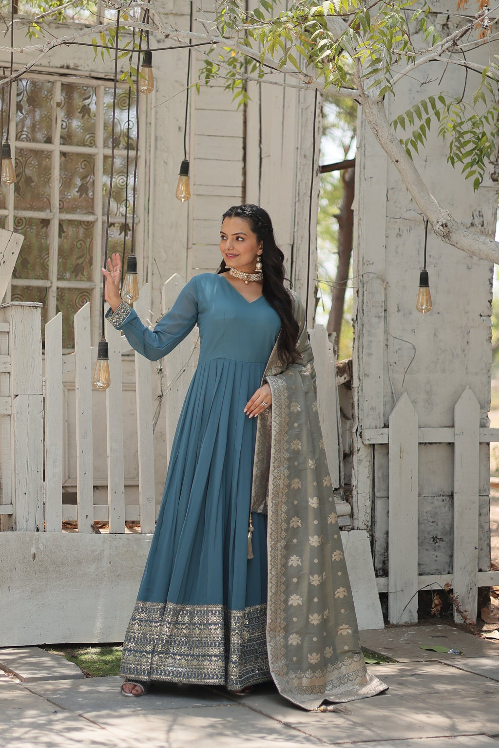 Sky blue georgette Tiya designer Anarkali gown