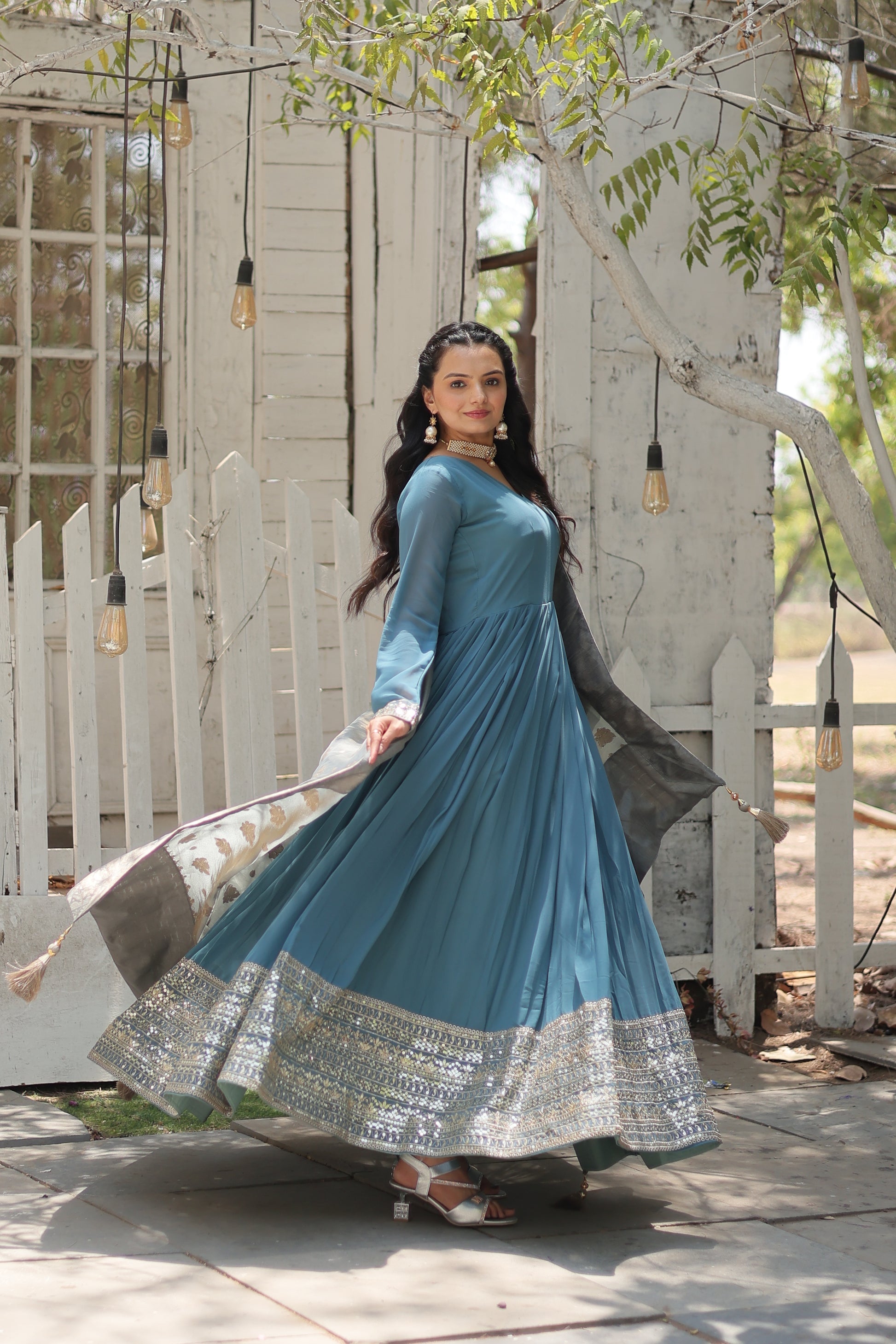 Sky blue georgette Tiya designer Anarkali gown