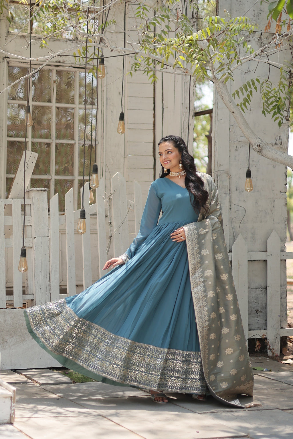 Sky blue georgette Tiya designer Anarkali gown