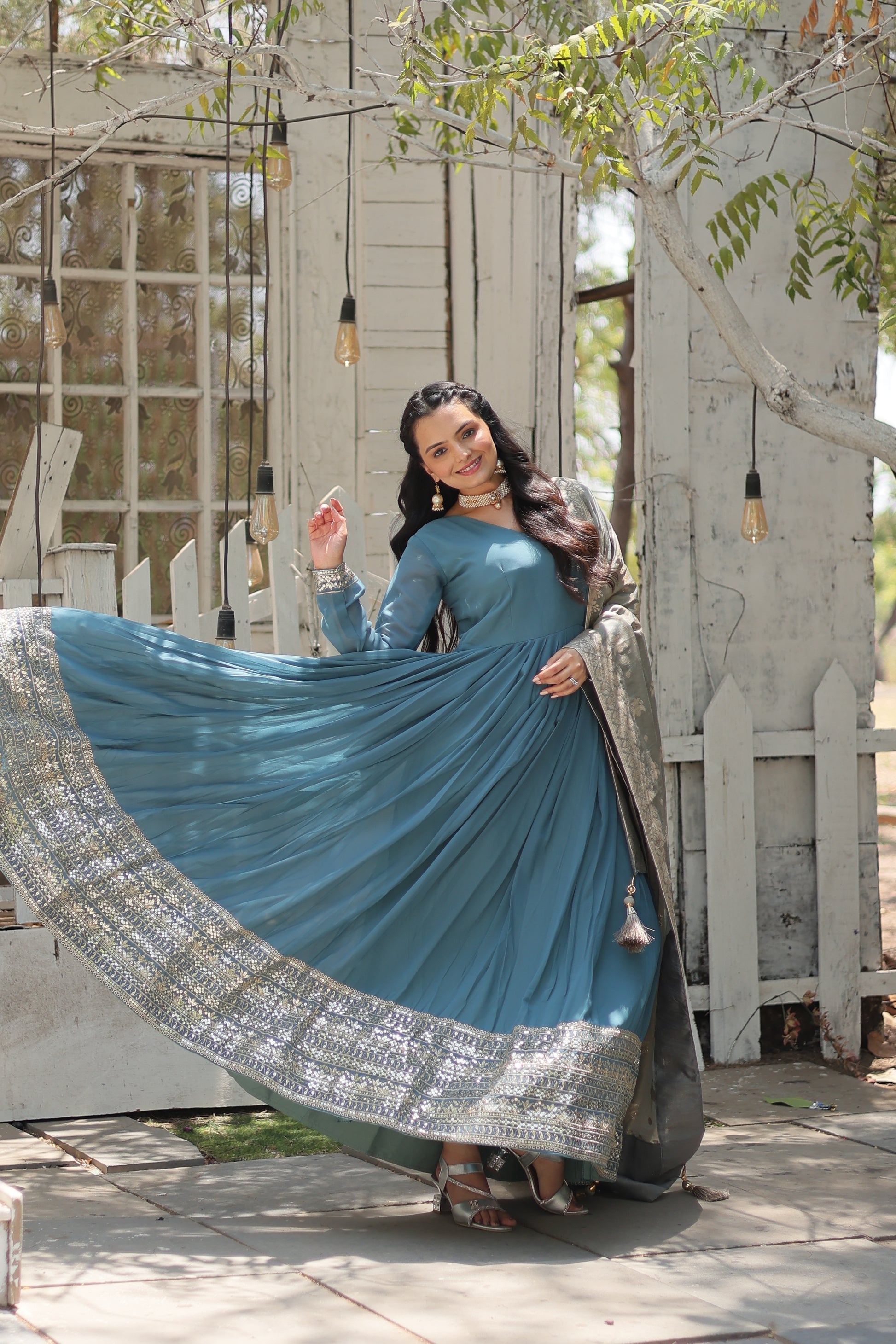 Sky blue georgette Tiya designer Anarkali gown
