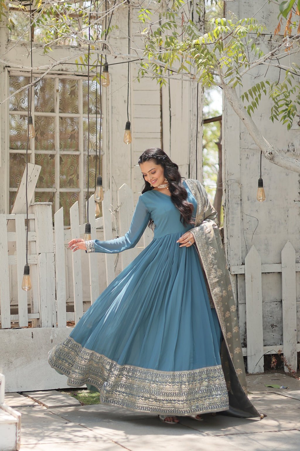 Sky blue georgette Tiya designer Anarkali gown