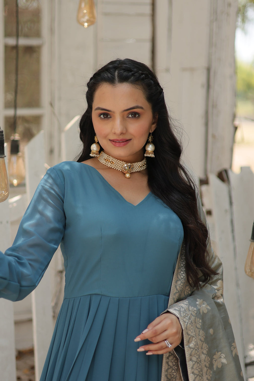 Sky blue georgette Tiya designer Anarkali gown