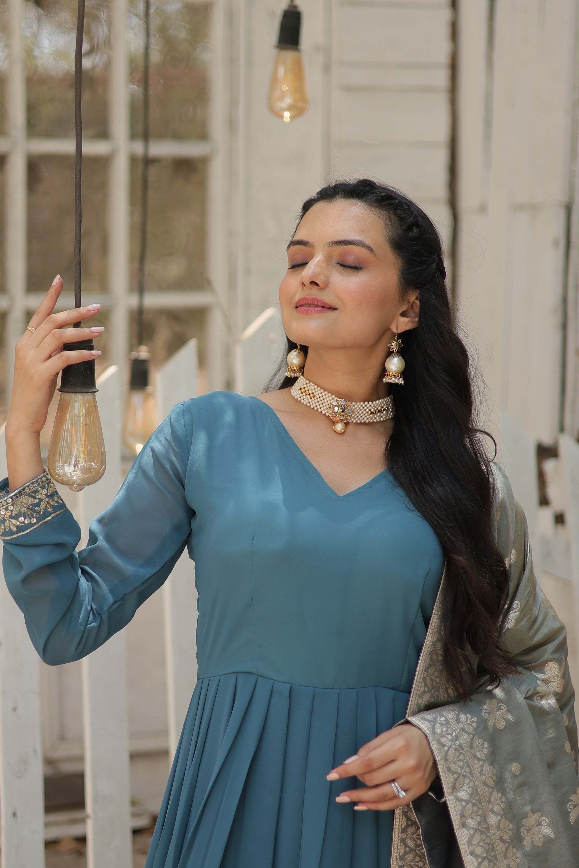 Sky blue georgette Tiya designer Anarkali gown